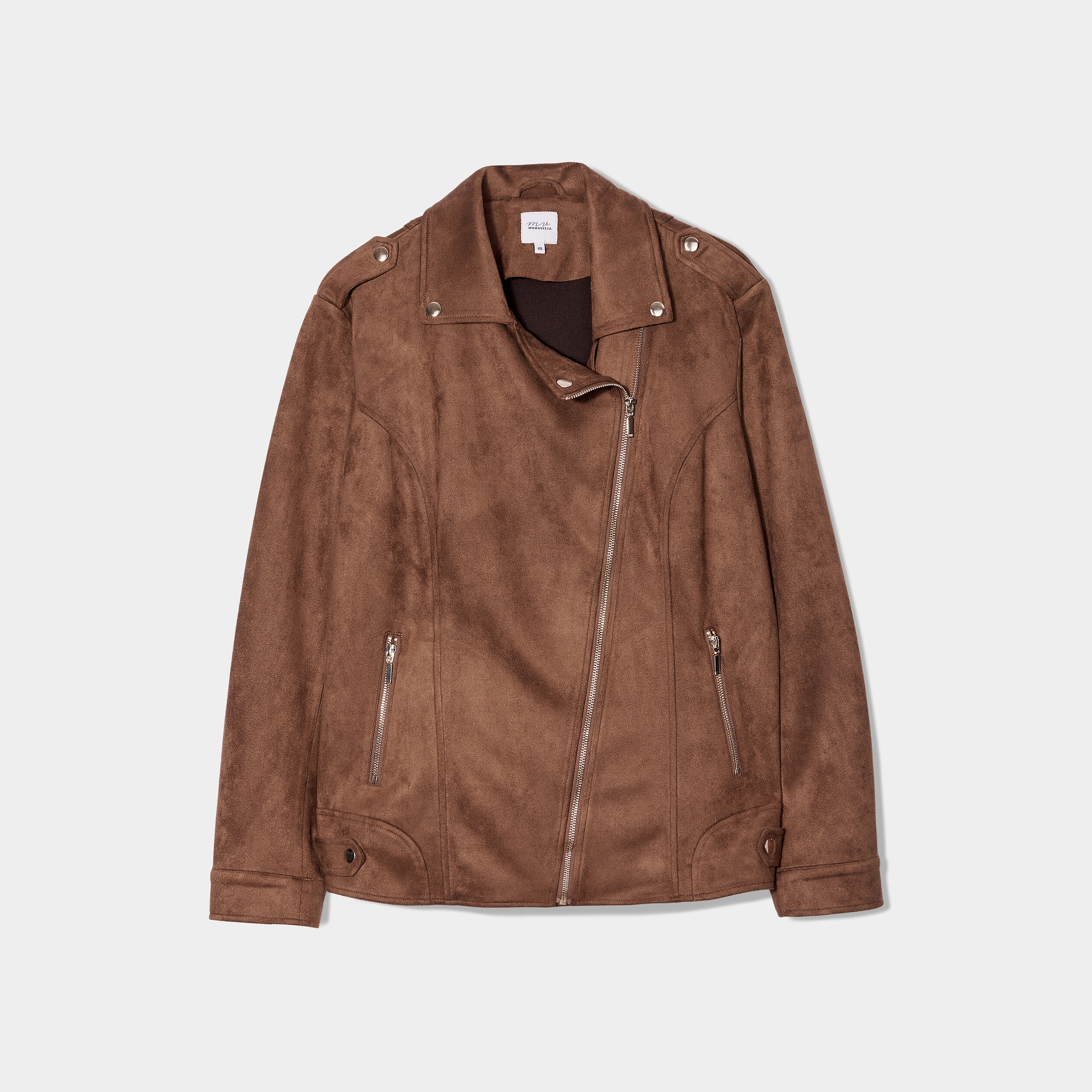 Blouson zippé effet suédine style biker marron femme grande taille | La Halle