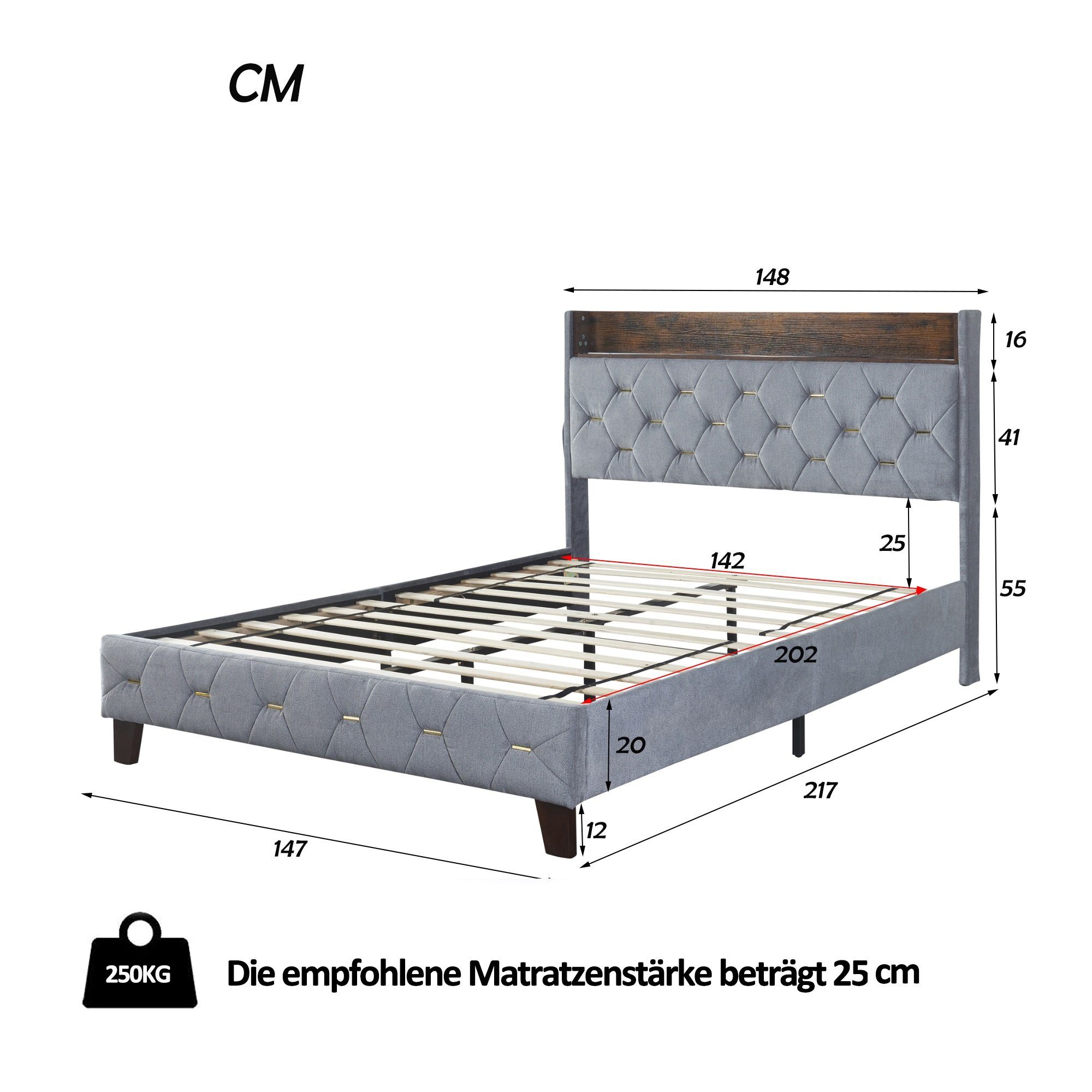 OKWISH Polsterbett Doppelbett Stauraumbett Funktionsbett Gästebett (Flachbett-Doppel-Gästebett in hautfreundlichem Kardamom-Samt 140 x 200 cm, Stauraum am Kopfteil mit USB-Anschluss), ohne Matratze
