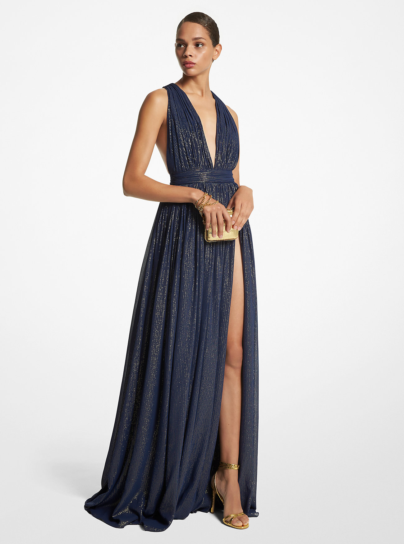 Hutton Metallic Striped Lamé Chiffon Gown - NAVY/GOLD