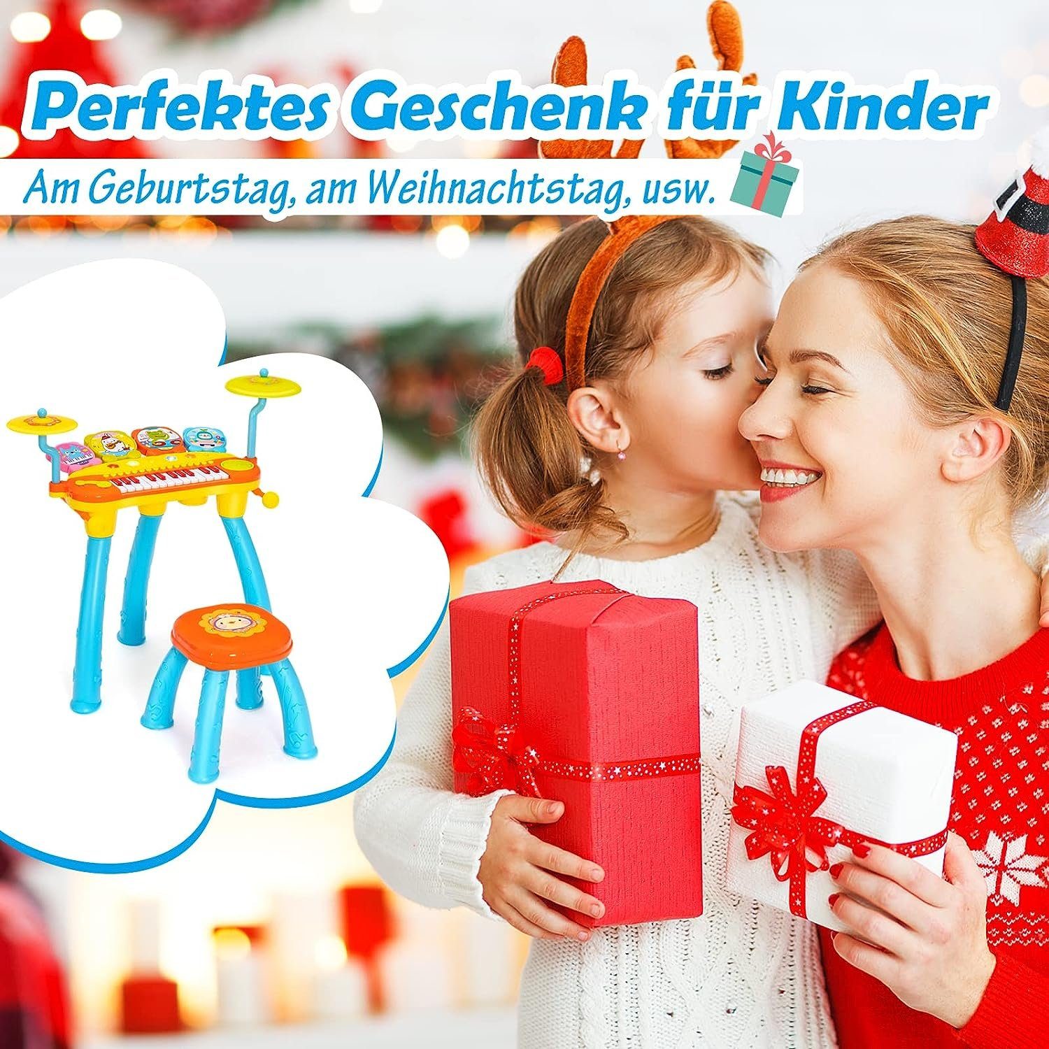 KOMFOTTEU Keyboard Kinder, mit Lichtern & Soundeffekten