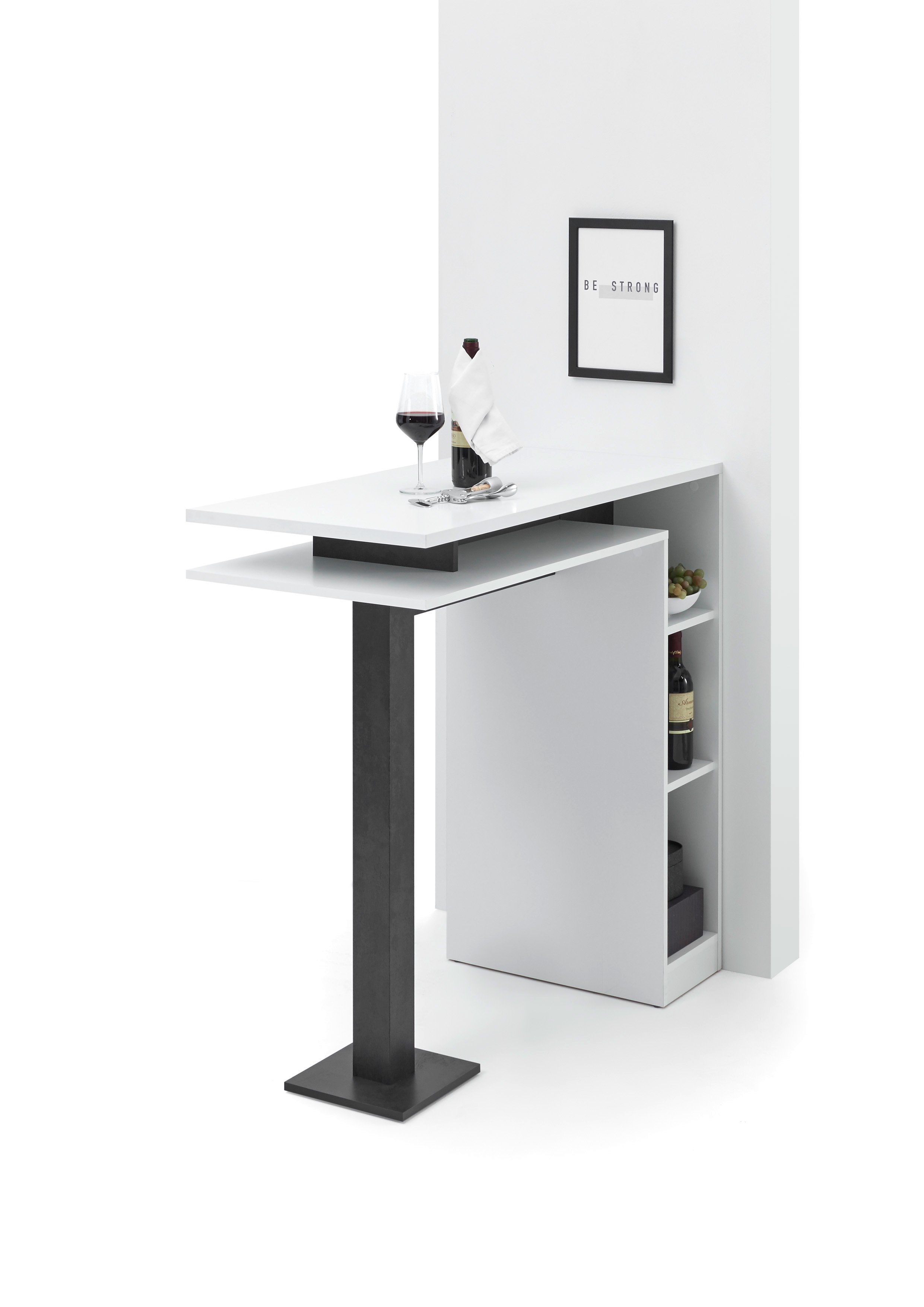 möbelando Bartisch Billa, Moderner Bartisch aus Spanplatte in Weiß, Absetzungen in Beton dunkel Nachbildung mit 6 Ablageflächen. Breite 108 cm, Höhe 103 cm, Tiefe 50 cm