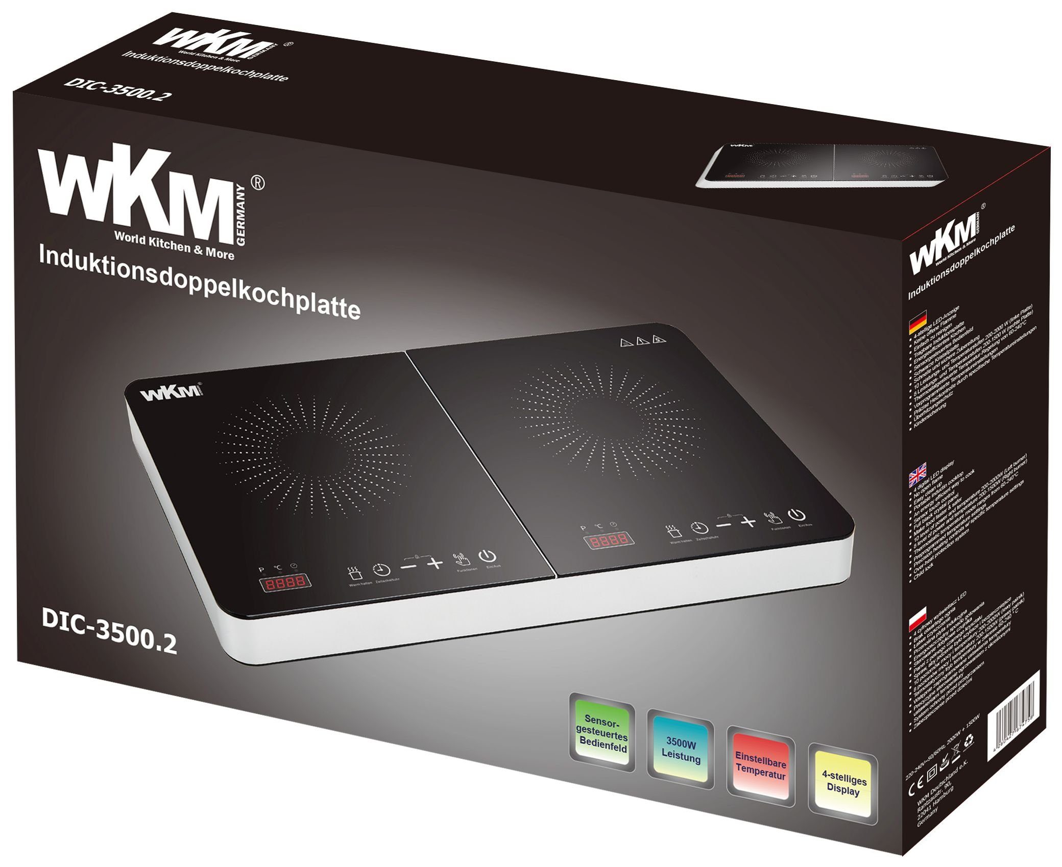 WKM Doppel-Induktionskochplatte Doppel-Induktionskochfeld Kochplatten 2000W + 1500W schwarz