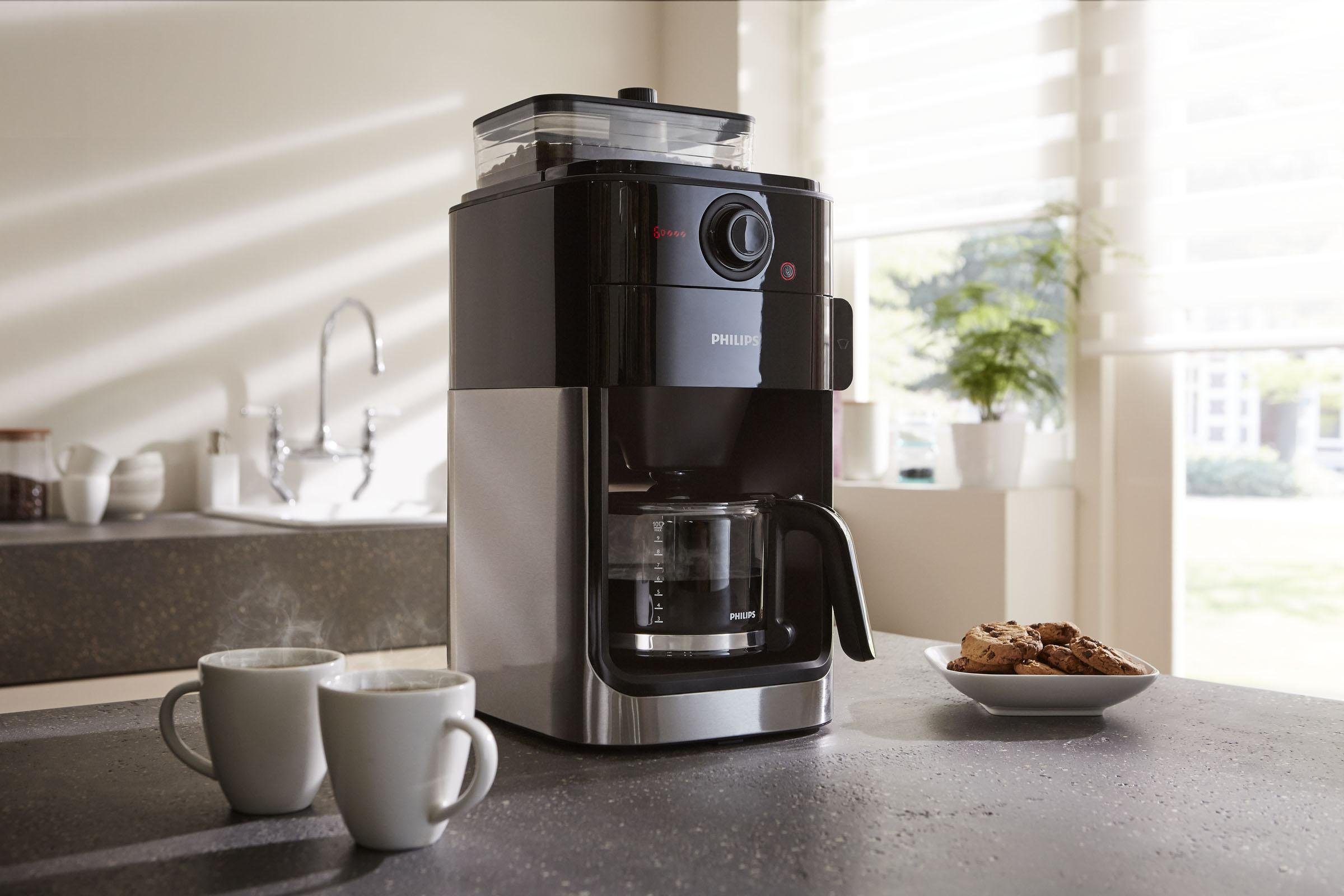 Philips Kaffeemaschine mit Mahlwerk Grind & Brew HD7767/00, aromaversiegeltes Bohnenfach, edelstahl/schwarz