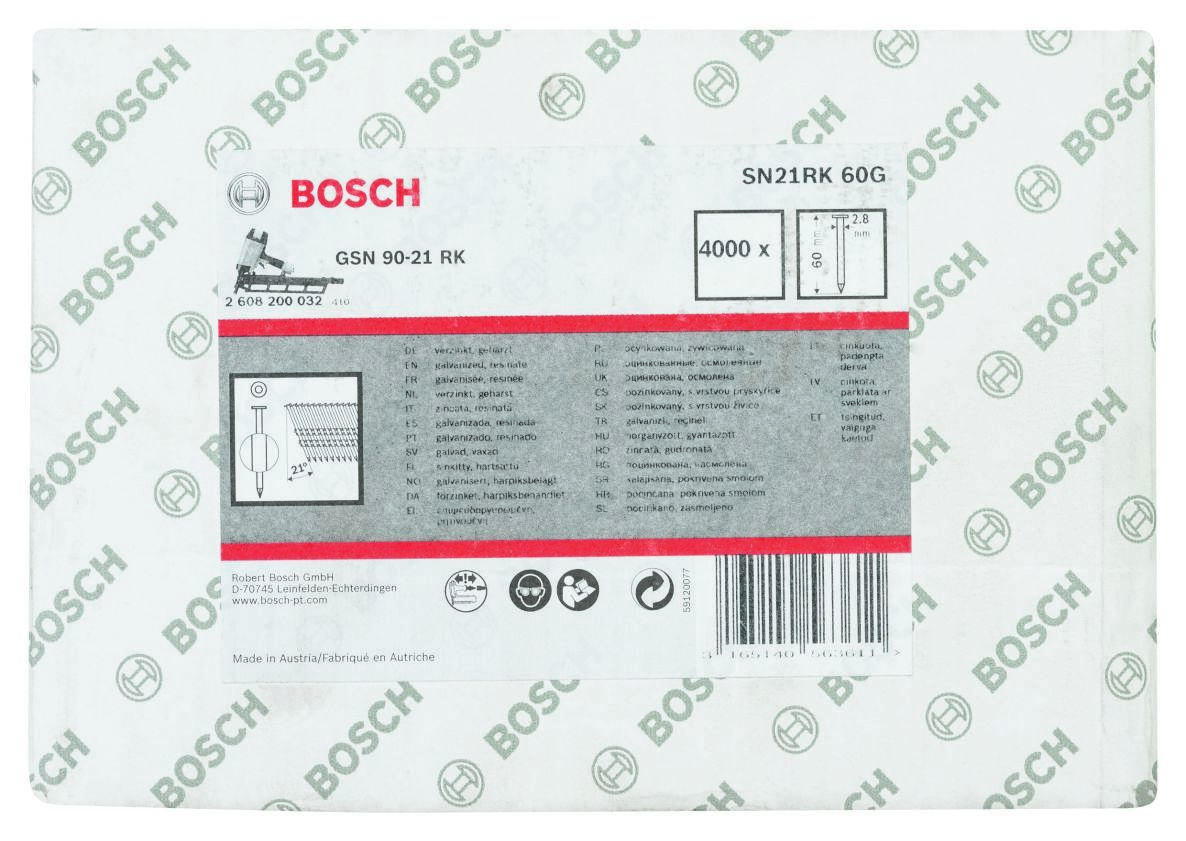 Bosch Blue Accessories 2608200032 SN21RK 60G Strip Nail 21° Galvanized Smooth 60 mm 4000 pieces