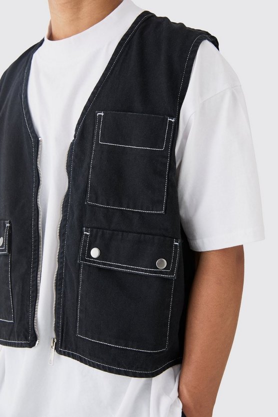 Schwarz Twill Utility-Tanktop mit Kontrast-Naht