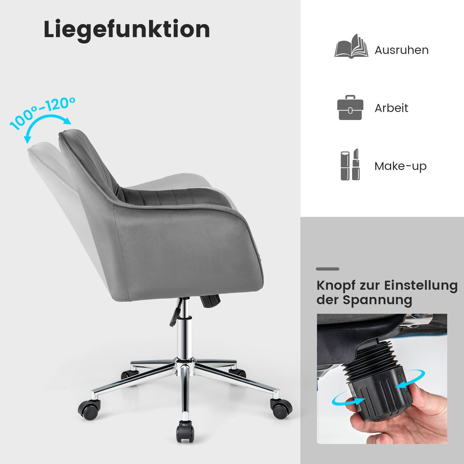 COSTWAY Bürostuhl, Samt, höhenverstellbar, drehbar, mit Armlehne, auf Rollen