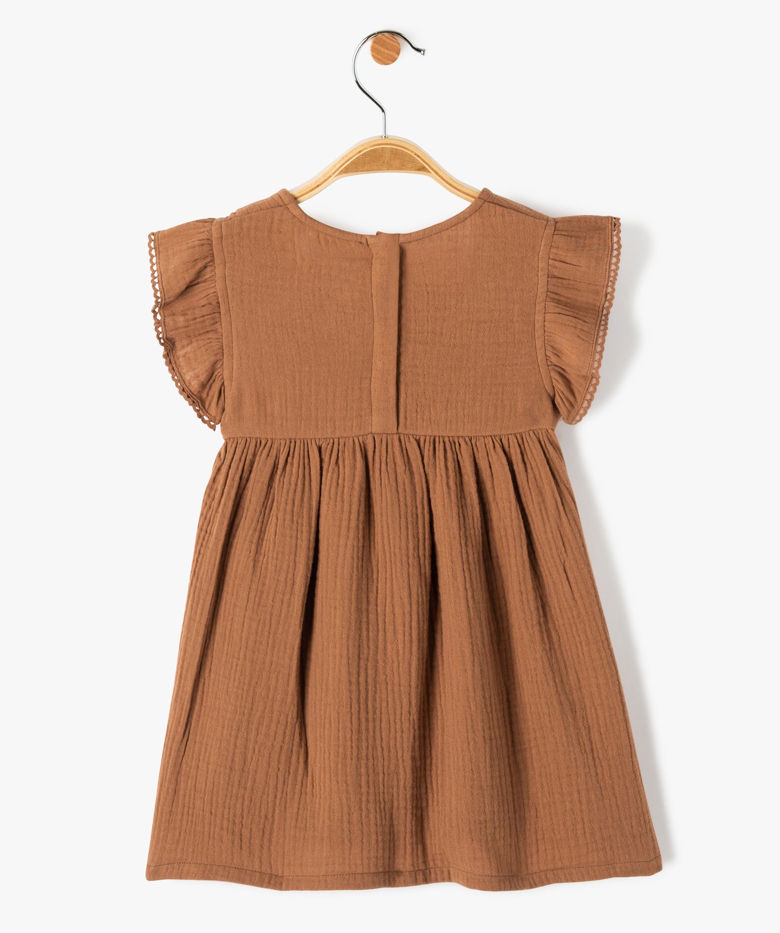 Robe bébé fille en double gaze avec smocks et volants marron | GEMO
