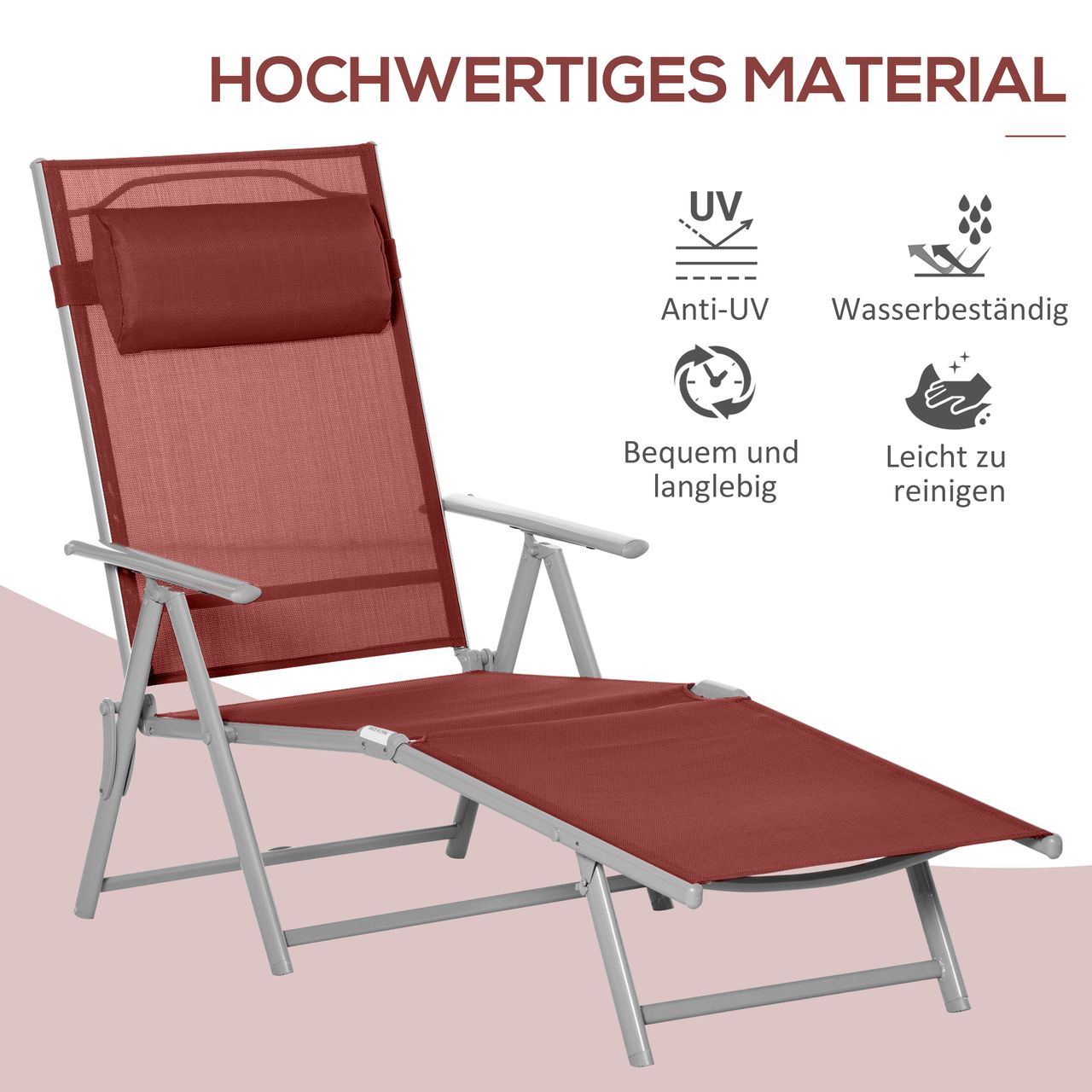 Outsunny Sonnenliege Liegestuhl mit Kopfkissen, Gartenliege für Balkon, Mesh Rot