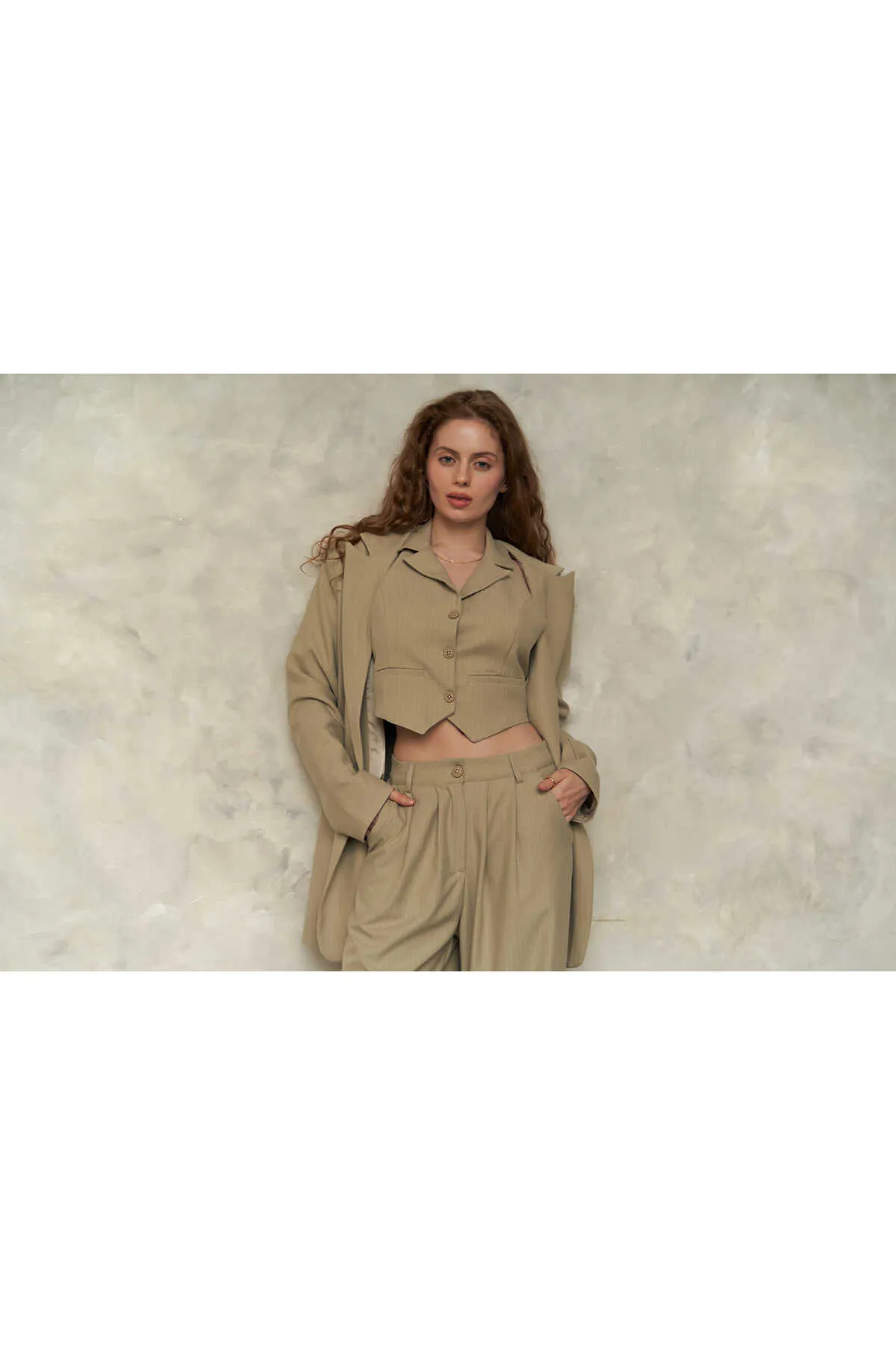 MAİ COLLECTİON  Rosali Olivgrünes Dreifach-Blazer-Jacken-Set
