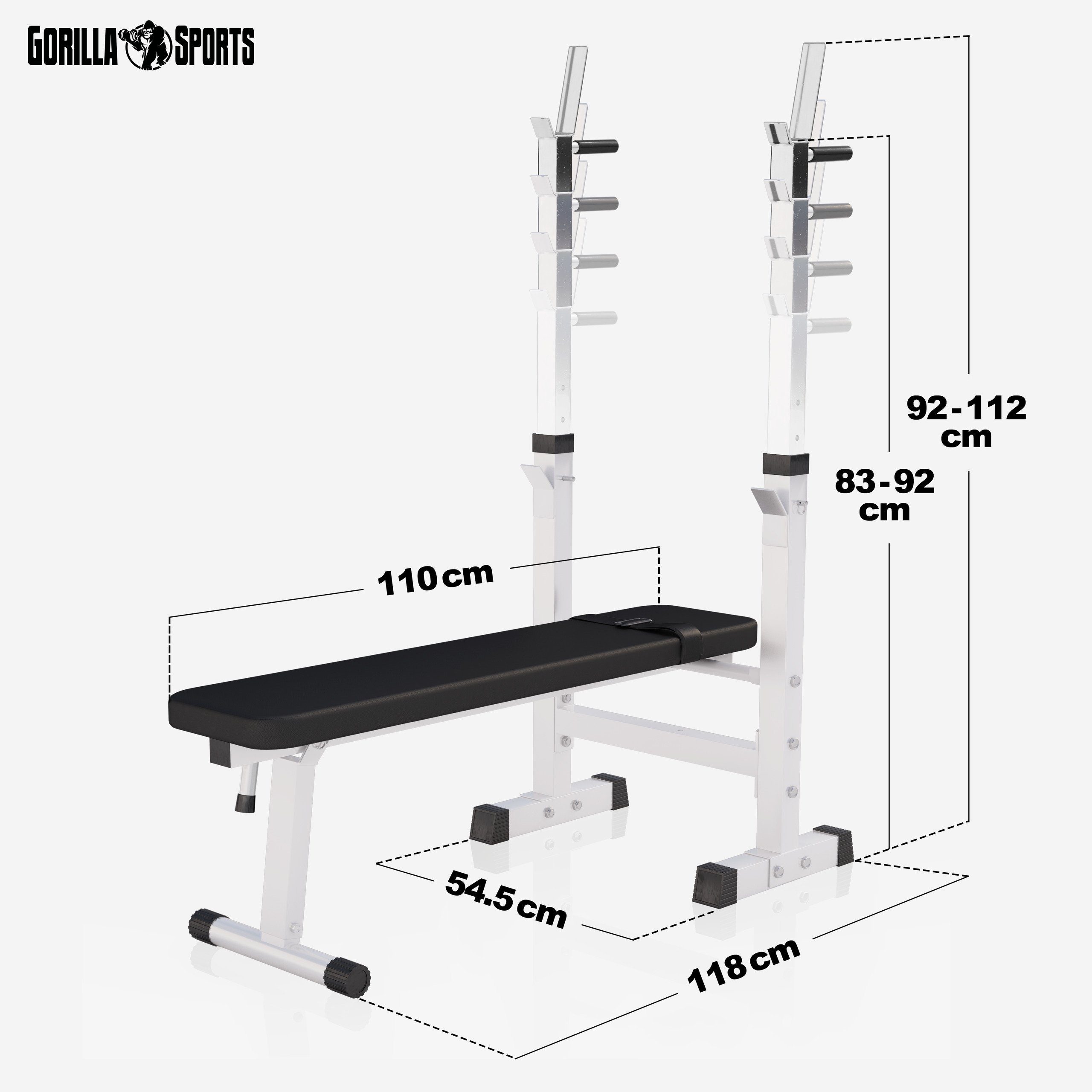 GORILLA SPORTS Hantelbank mit Ablage, Dip-Station, inkl. Hantelset 100kg, Klappbar, Schwarz/Weiß
