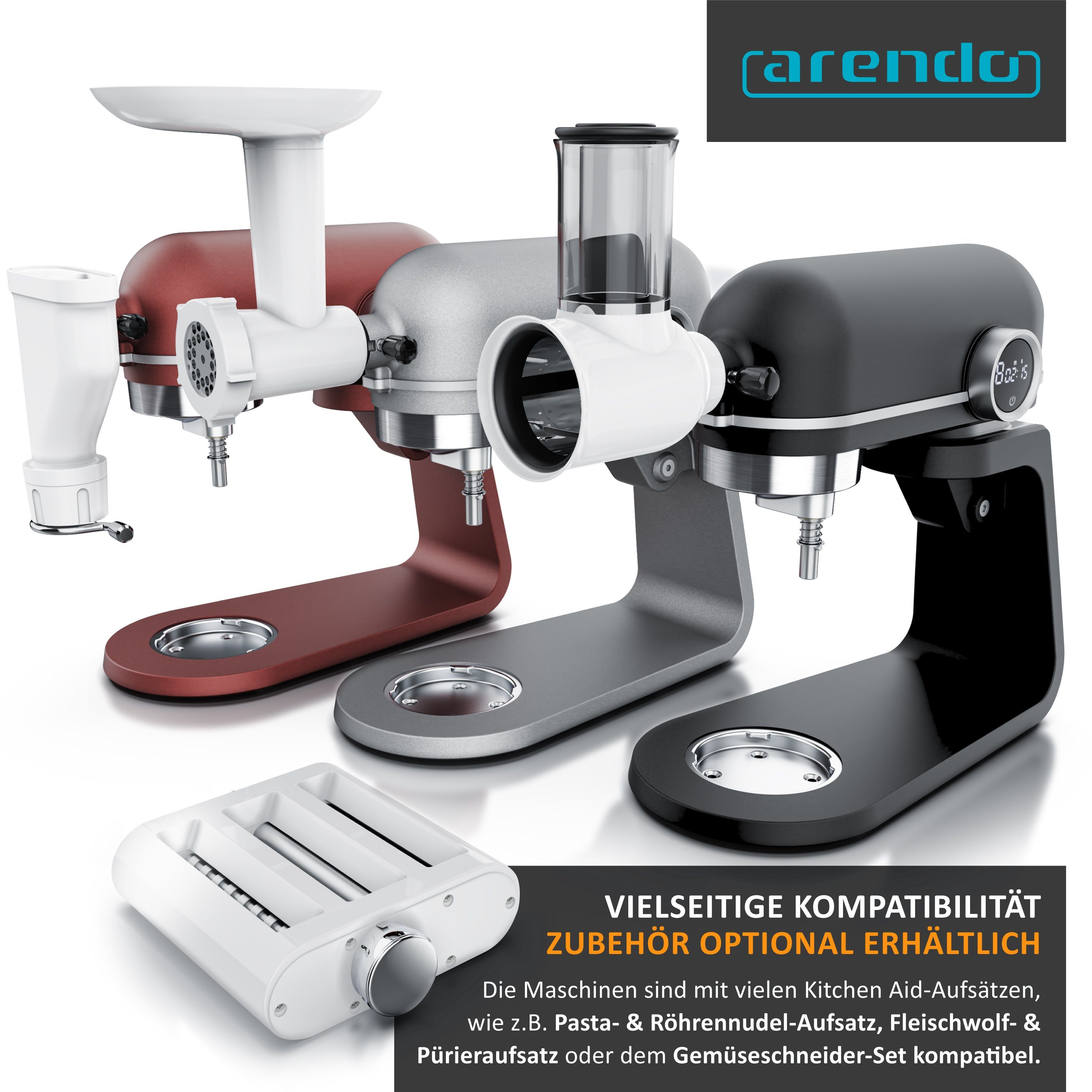 Arendo Kompakt-Küchenmaschine, 800 W, 800W Rührmaschine, 5L Edelstahlschüssel, 3 Rührwerkzeuge, Knetmaschine