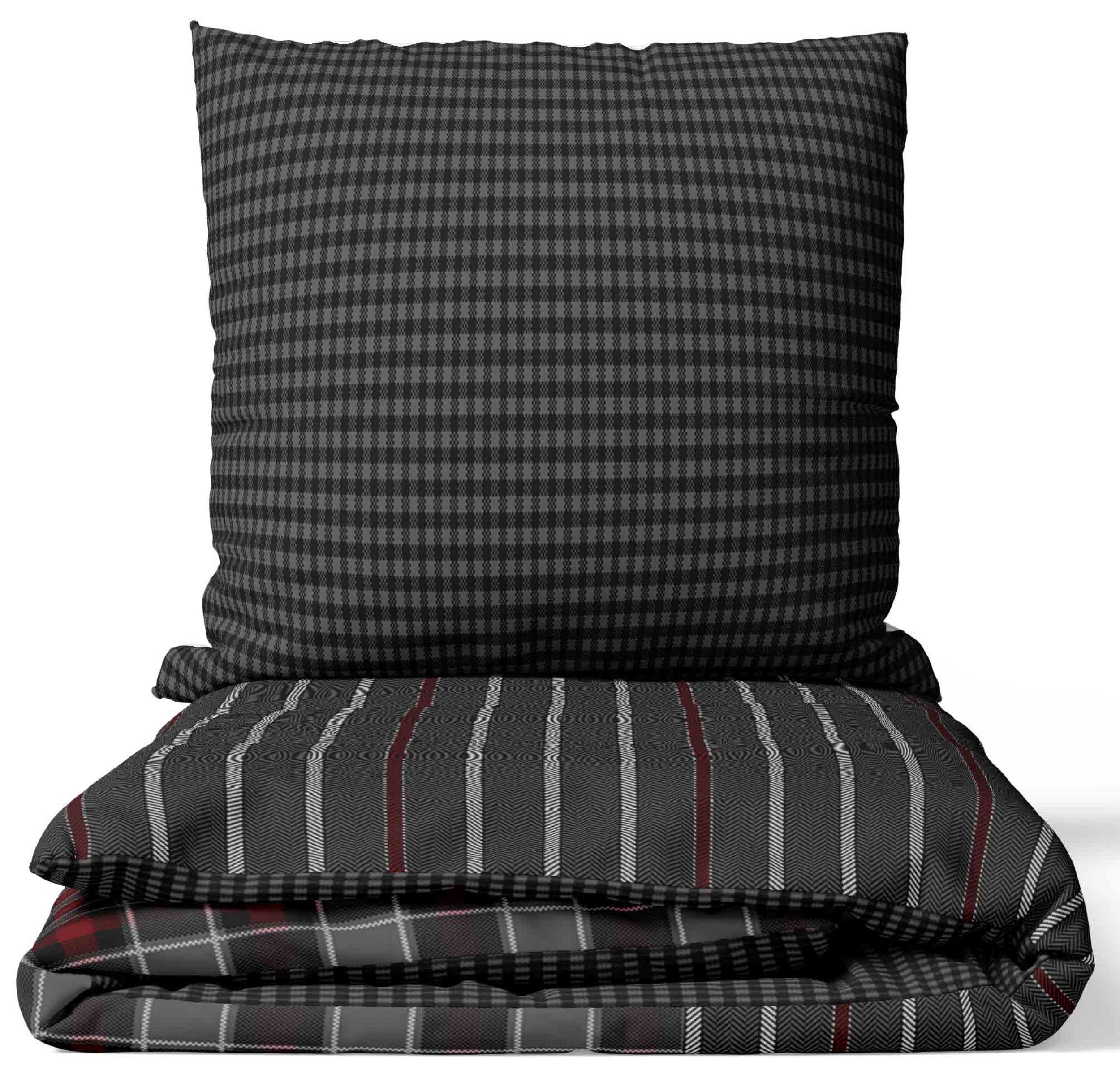 Bettwäsche Baumwolle 135x200, 155x220, 200x200 oder 200x220, Leonado Vicenti, Renforcé, 2 teilig, Gestreift grau bordeaux mit Reißverschluss