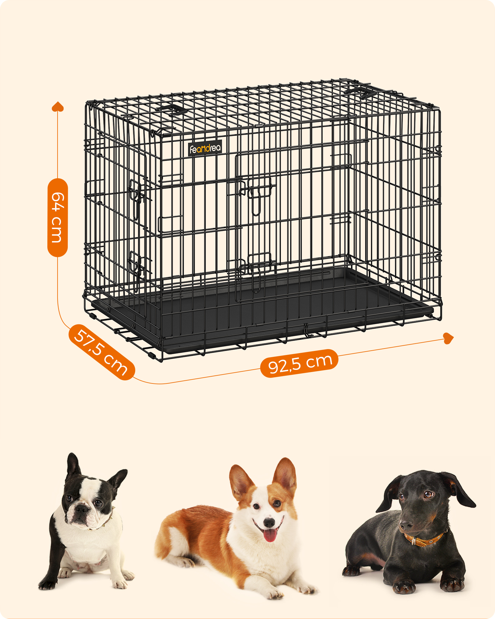 FEANDREA Transportboxen & Gitterboxen FEANDREA S-XXL Hundekäfig mit 2 Türen 92,5 cm, 57,5 cm, 64 cm