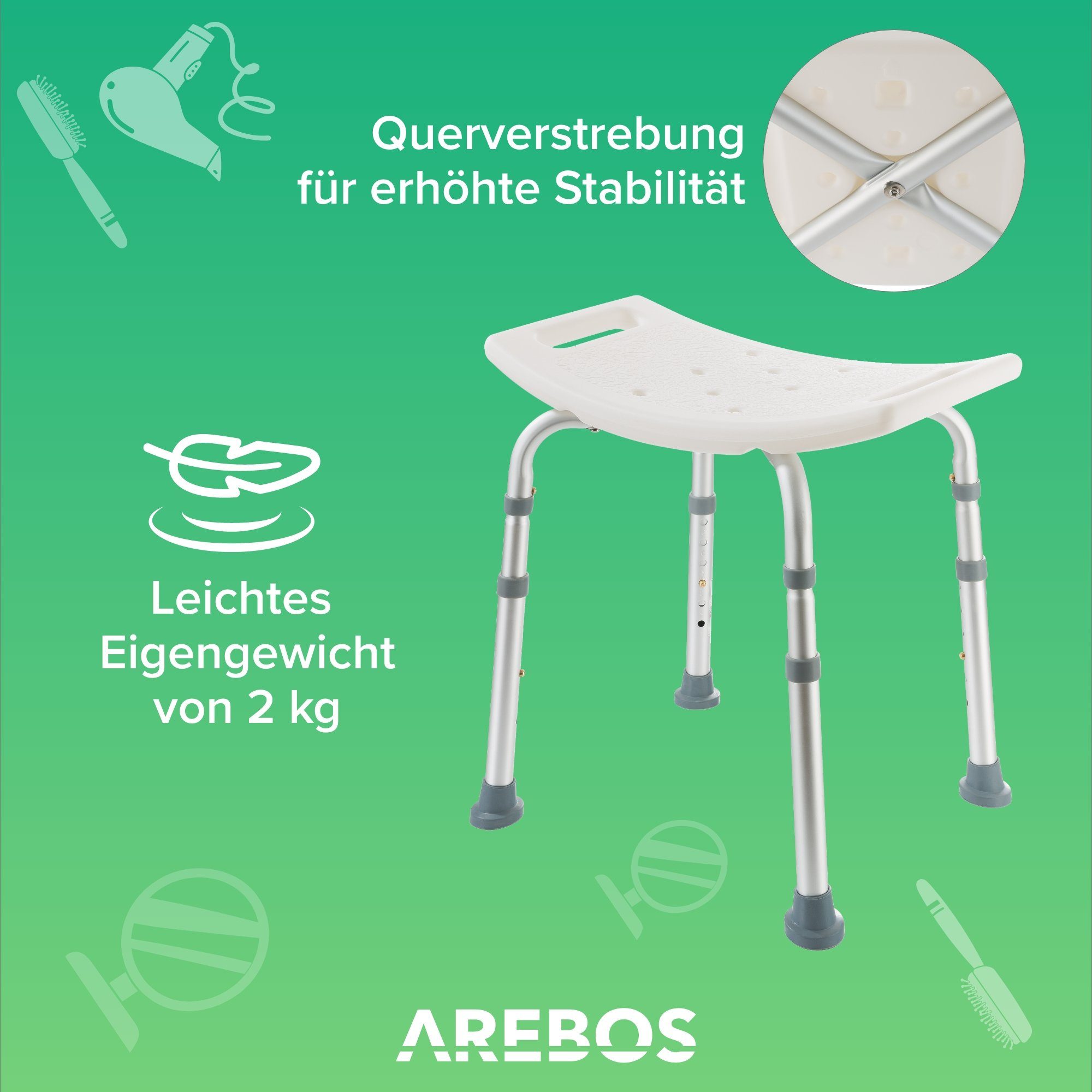 Arebos Dusch- und Badhocker Höhenverstellbar, Aluminium-Rahmen, Anti-Rutsch-füße, belastbar bis 100 kg, Gummifüße