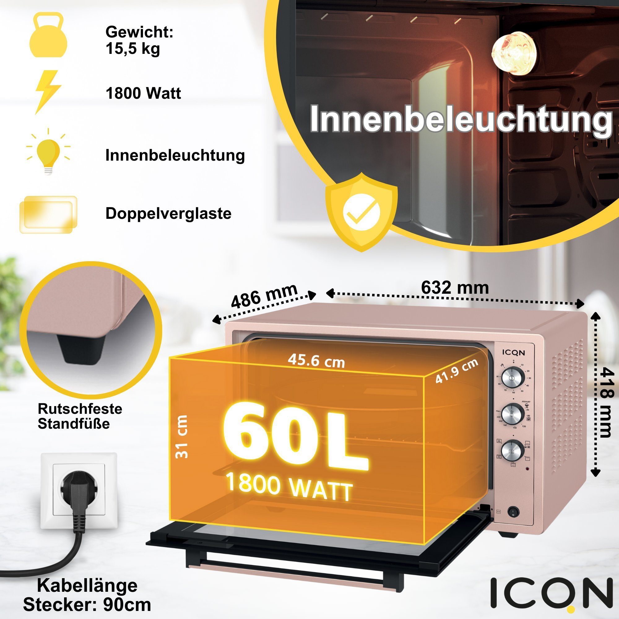 ICQN Minibackofen 60 Liter XXL, inkl. Backblech Set, 40°-230°C, Umluft, Pizza-Ofen, Doppelverglasung, Drehspieß, Timer, Emailliert