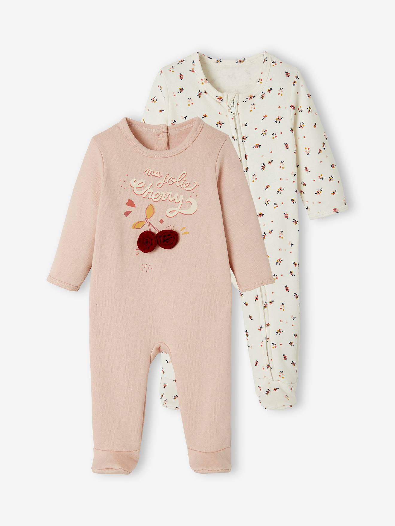 Lot de 2 pyjamas en molleton bébé ouverture naissance lot rose fumé