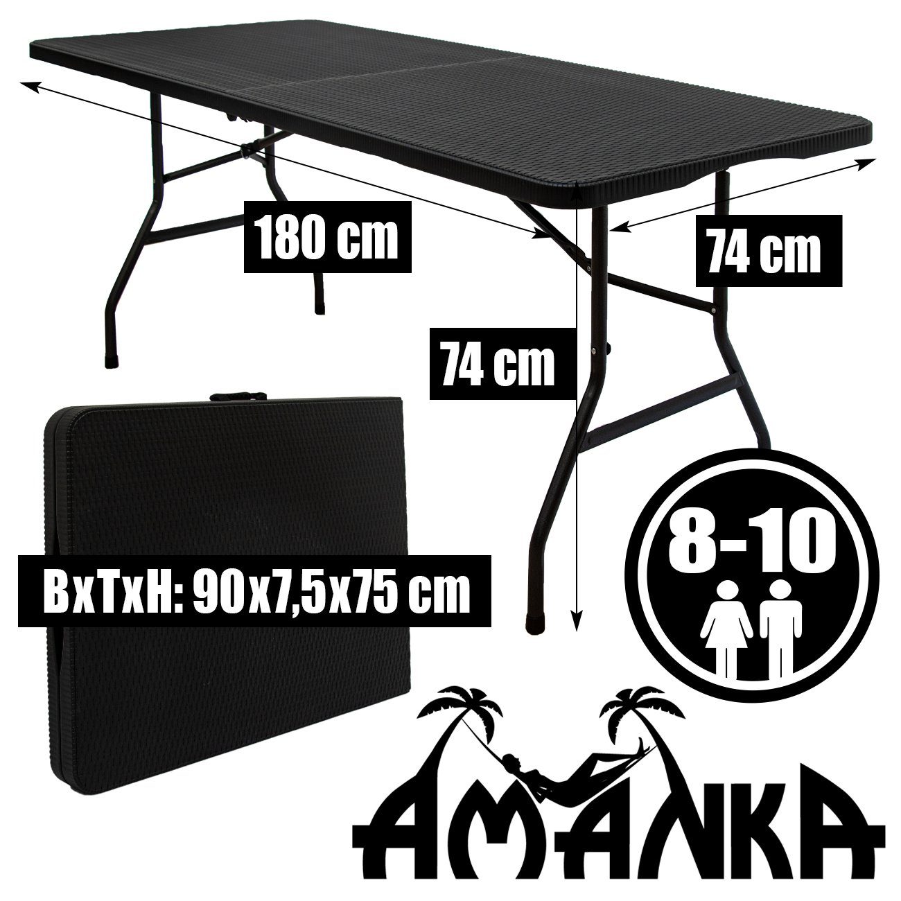 AMANKA Klapptisch Gartentisch für 6 Personen Klapptisch Rattan-Look, 180 x 74 cm Klappbar Schwarz