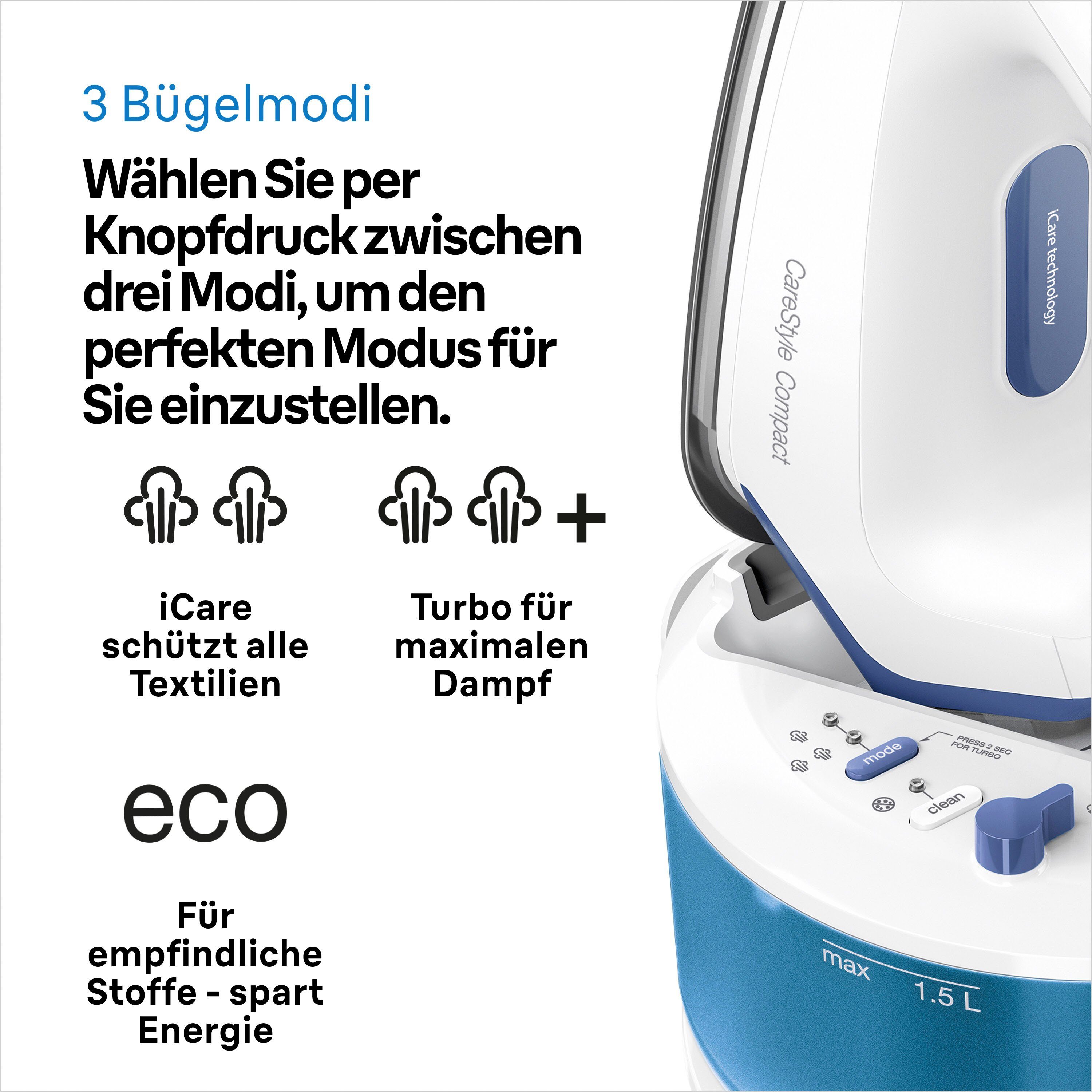 Braun Dampfbügelstation CareStyle Compact IS2143BL, 1500 ml Wassertank, blau, max. Dampfmenge 420g/min, Rückwärtsbügeln über Knöpfe