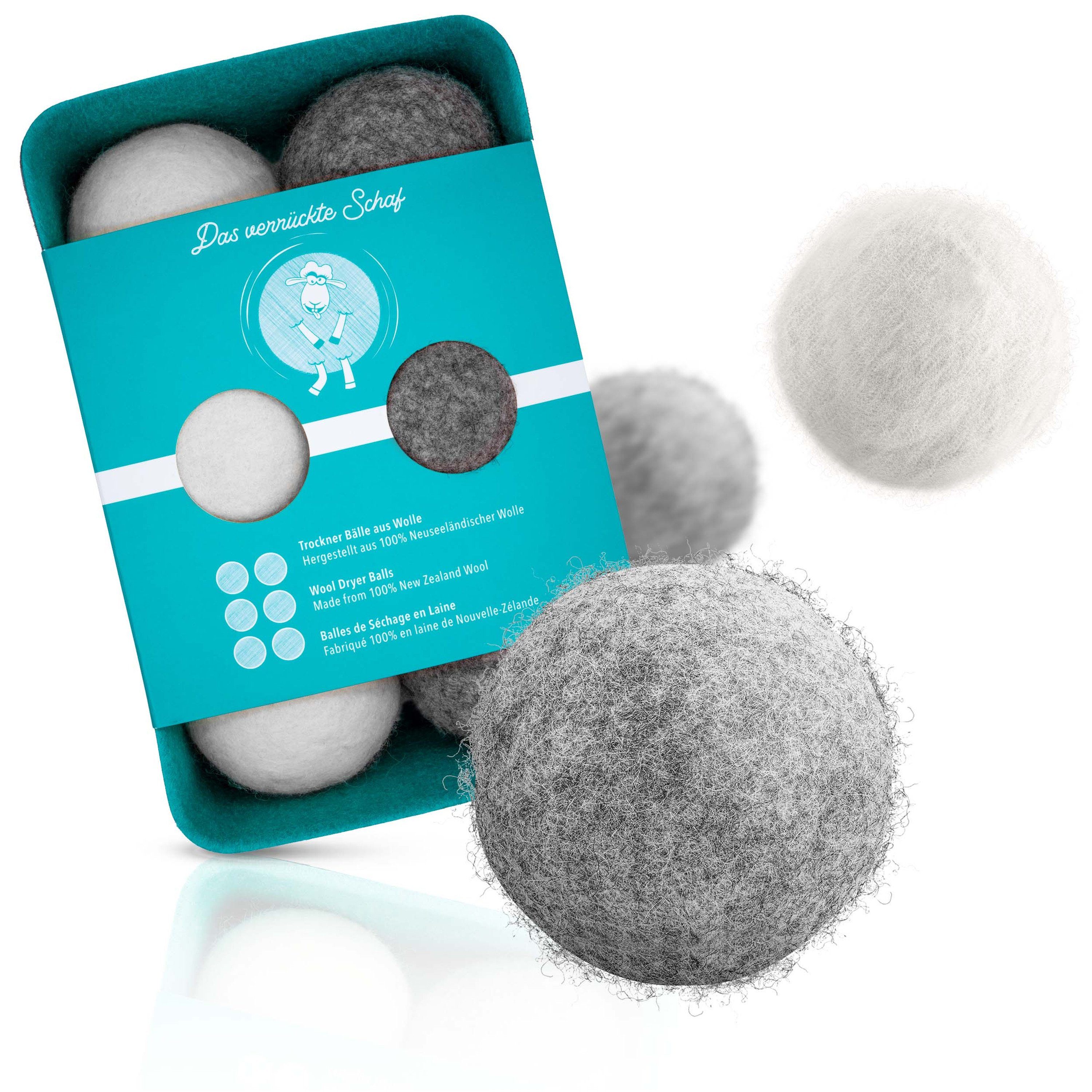 Tridono Trocknerball Das Verrückte Schaf Trocknerbälle Nachhaltige Dryer Balls für Wäschetrockner 6er Set weiße Filzbälle aus 100% Schafwolle mit Aufbewahrungsbox Natürlicher Weichspüler-Ersatz.