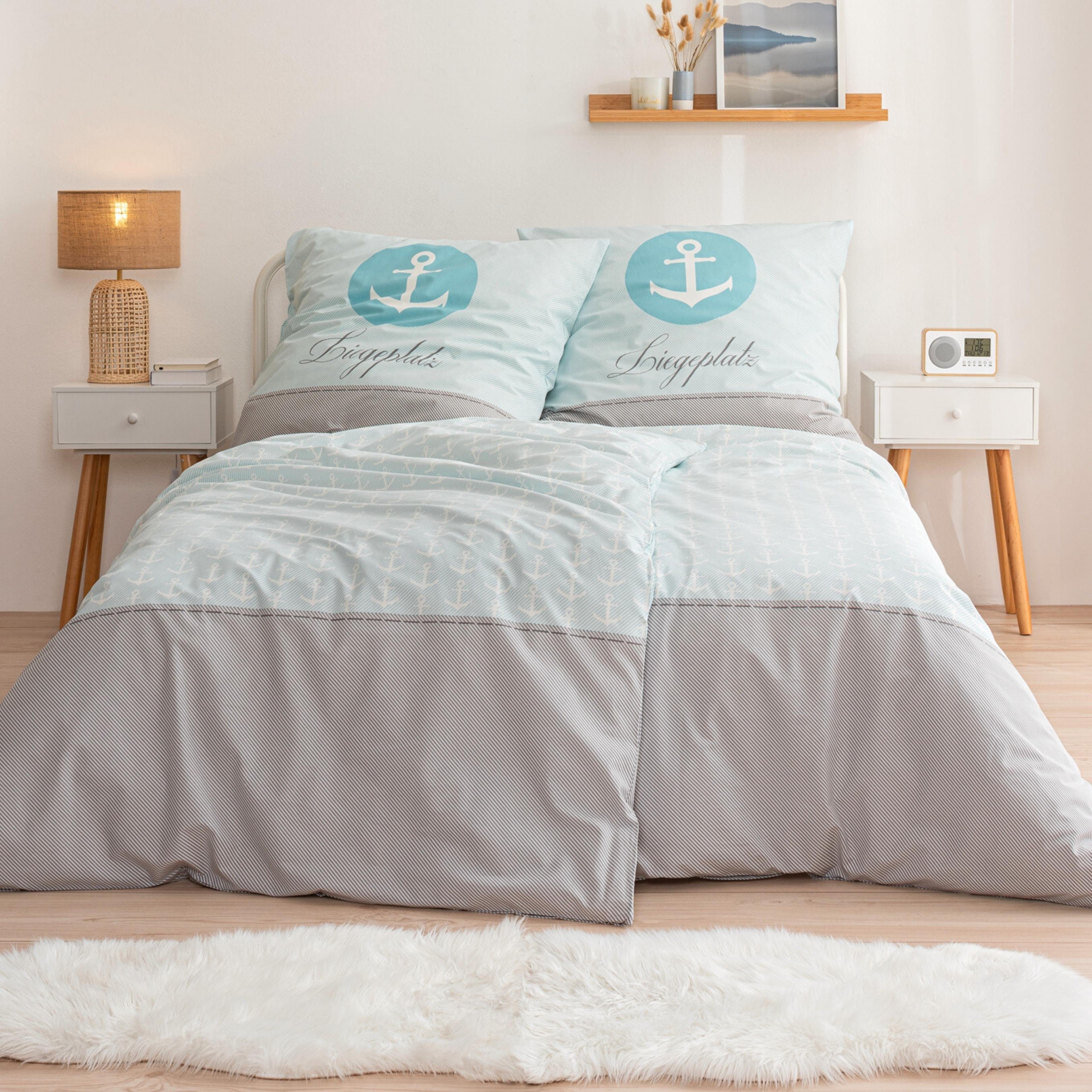 Bettwäsche Liegeplatz Anker 135x200 + 80x80 cm, 100 % Baumwolle, MTOnlinehandel, Biber, 4 teilig, maritime, gestreifte Bettwäsche. Ideal als Partnerbettwäsche