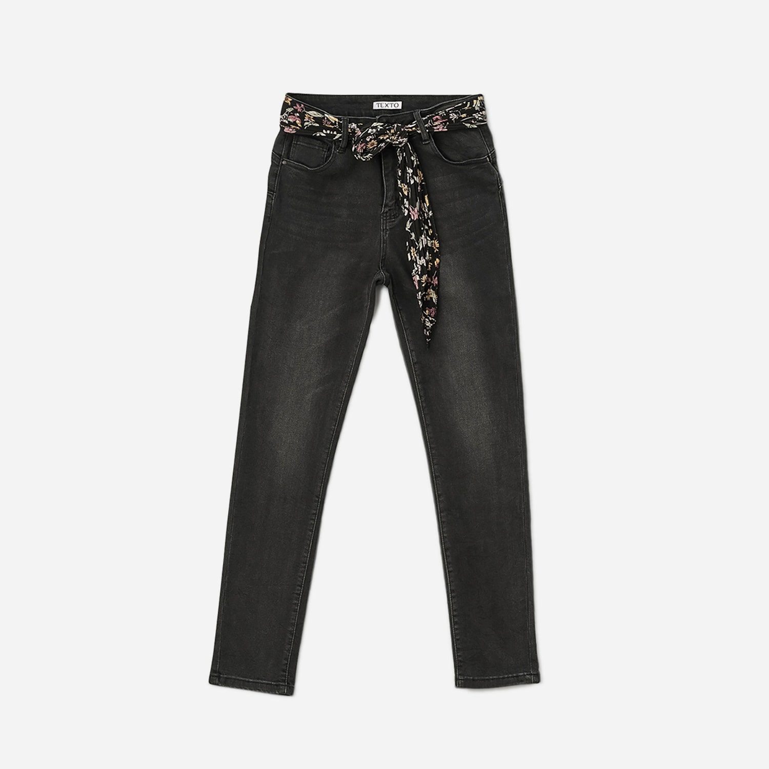 Jean slim noir avec ceinture-foulard fleurie