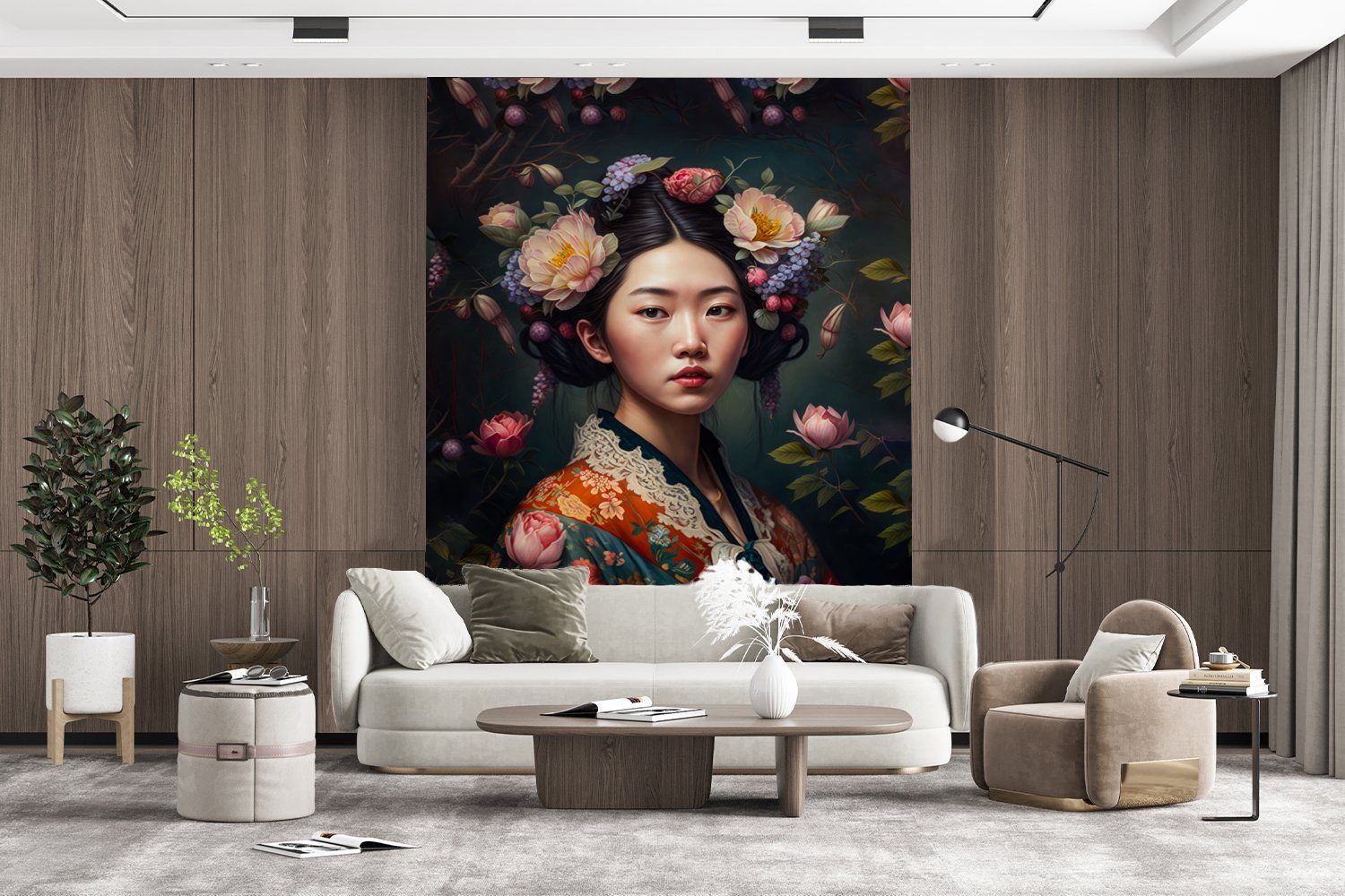 MuchoWow Fototapete Frau - Blumen - Kimono - Porträt - Asiatisch, Matt, bedruckt, (4 St), Montagefertig Vinyl Tapete für Wohnzimmer, Wandtapete