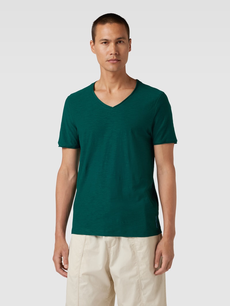 Regular Fit T-Shirt aus Baumwolle mit V-Ausschnitt in dunkelgrün