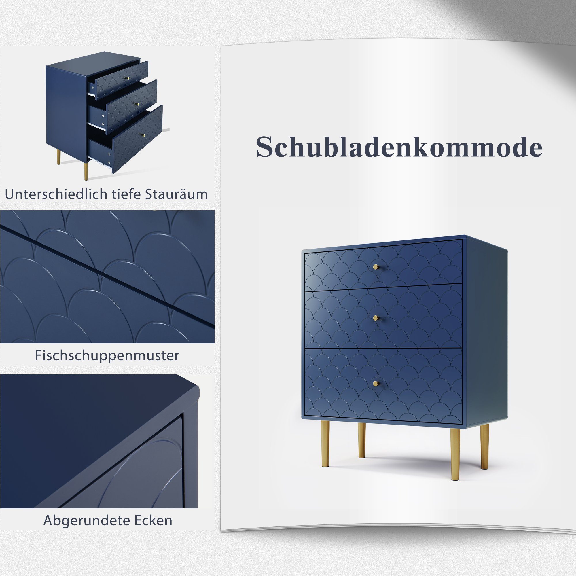 Flieks Kommode, Sideboard Fischschuppenmuster 75*40*89cm Marineblau