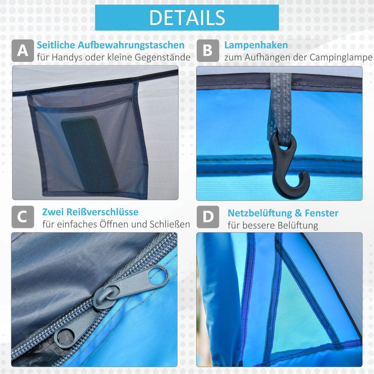 Outsunny Pop up Zelt für 1-2 Personen Campingzelt für 3 Jahreszeiten Blau Grau 220 x 108 x 110 cm