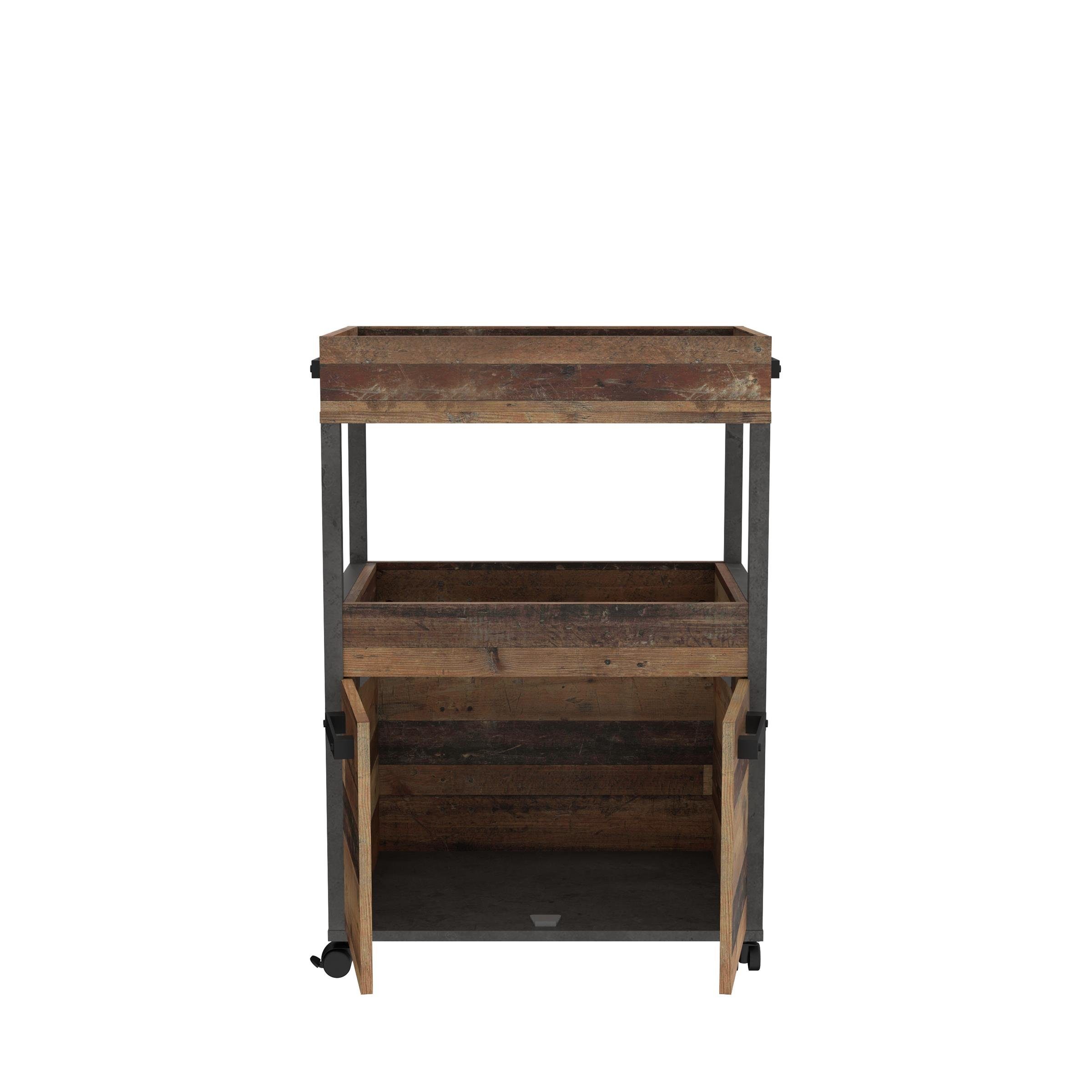möbelando Barschrank Hydra Barschrank im modernen Industrial-Design aus Spanplatte in Betonoptik Dunkelgrau / Old Wood Vintage Nachbildung mit 2 Holztüren, 2 Ablageböden und 4 Rollen. Breite 60 cm, Höhe 88,5 cm, Tiefe 40 cm