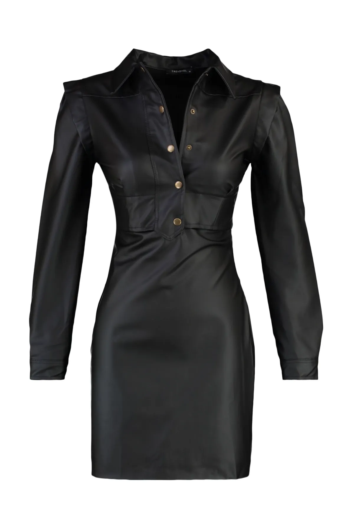 Trendyol Collection  Schwarzes Kleid aus gewebtem Kunstleder mit Mini-Hemdkragen TWOAW20EL2136
