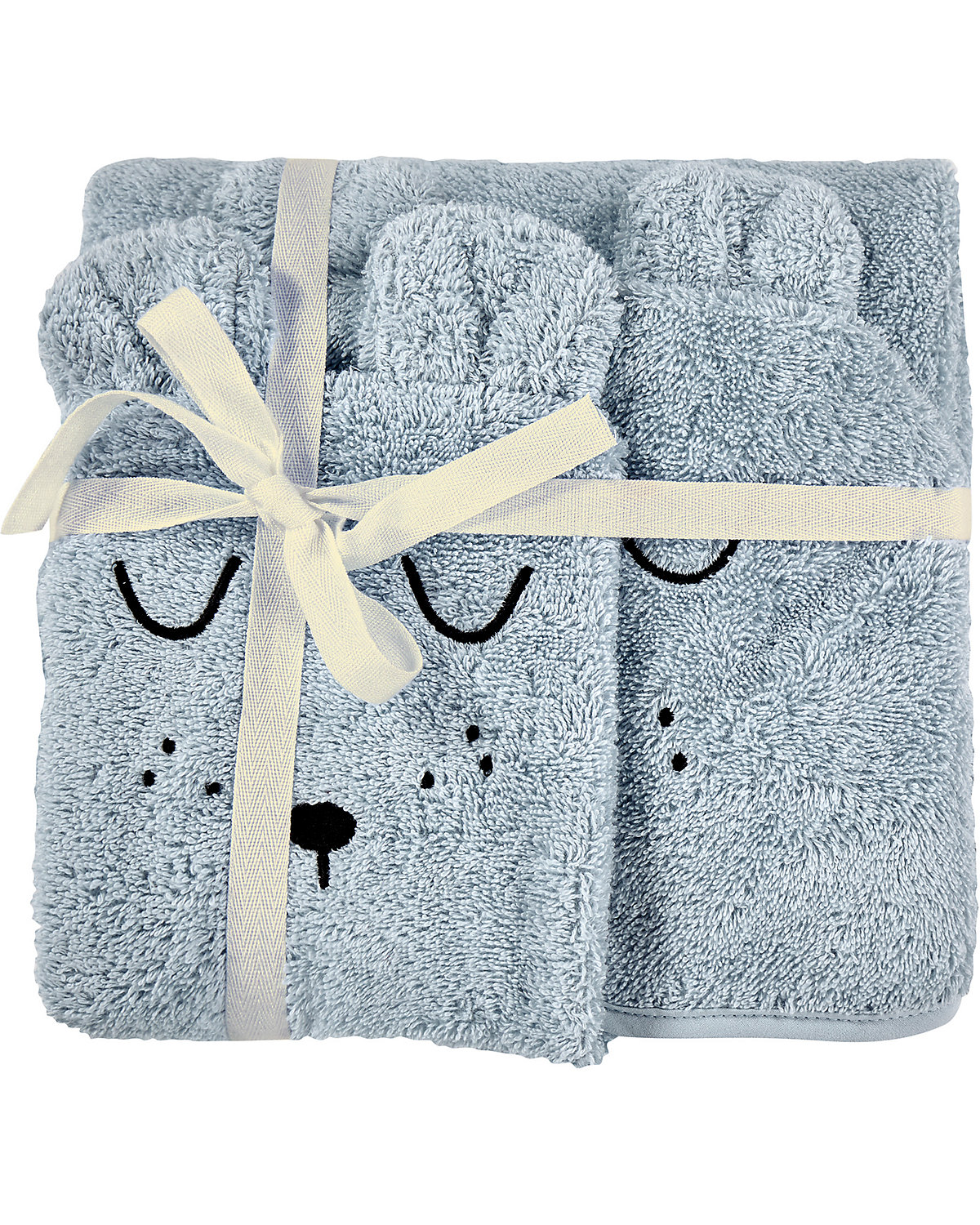 Kapuzen-Badetuch & Waschhandschuh Frottier mit Stickerei Faces hellbla