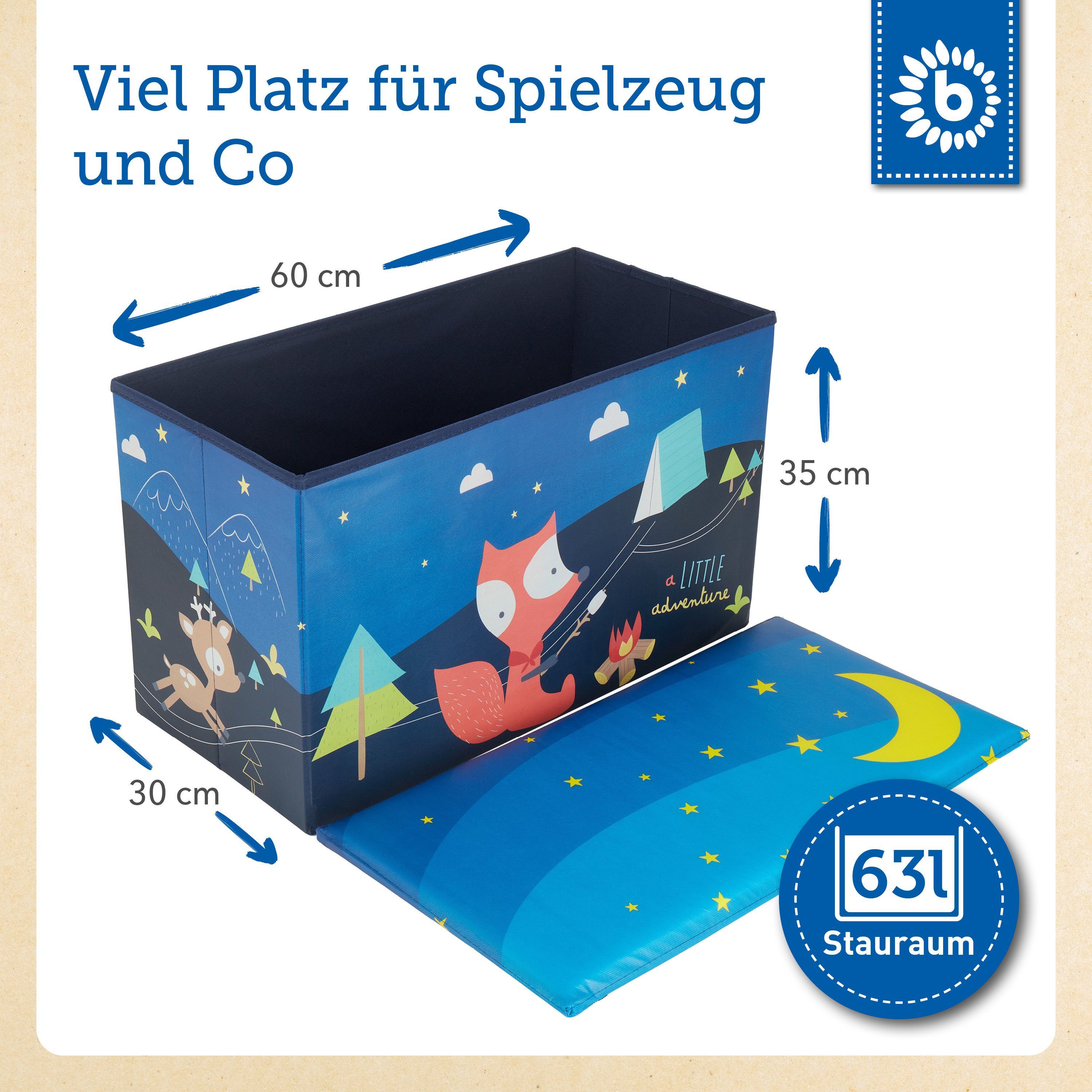 BIECO Spielzeugtruhe Bieco Aufbewahrungsbox mit Deckel Pfadfinder 60L, faltbar ca. 60x30x35cm Spielzeugkiste mit Deckel Aufbewahrungsbox Kinder Kisten mit Deckel Aufbewahrungsbox Groß Wickeltisch Organizer