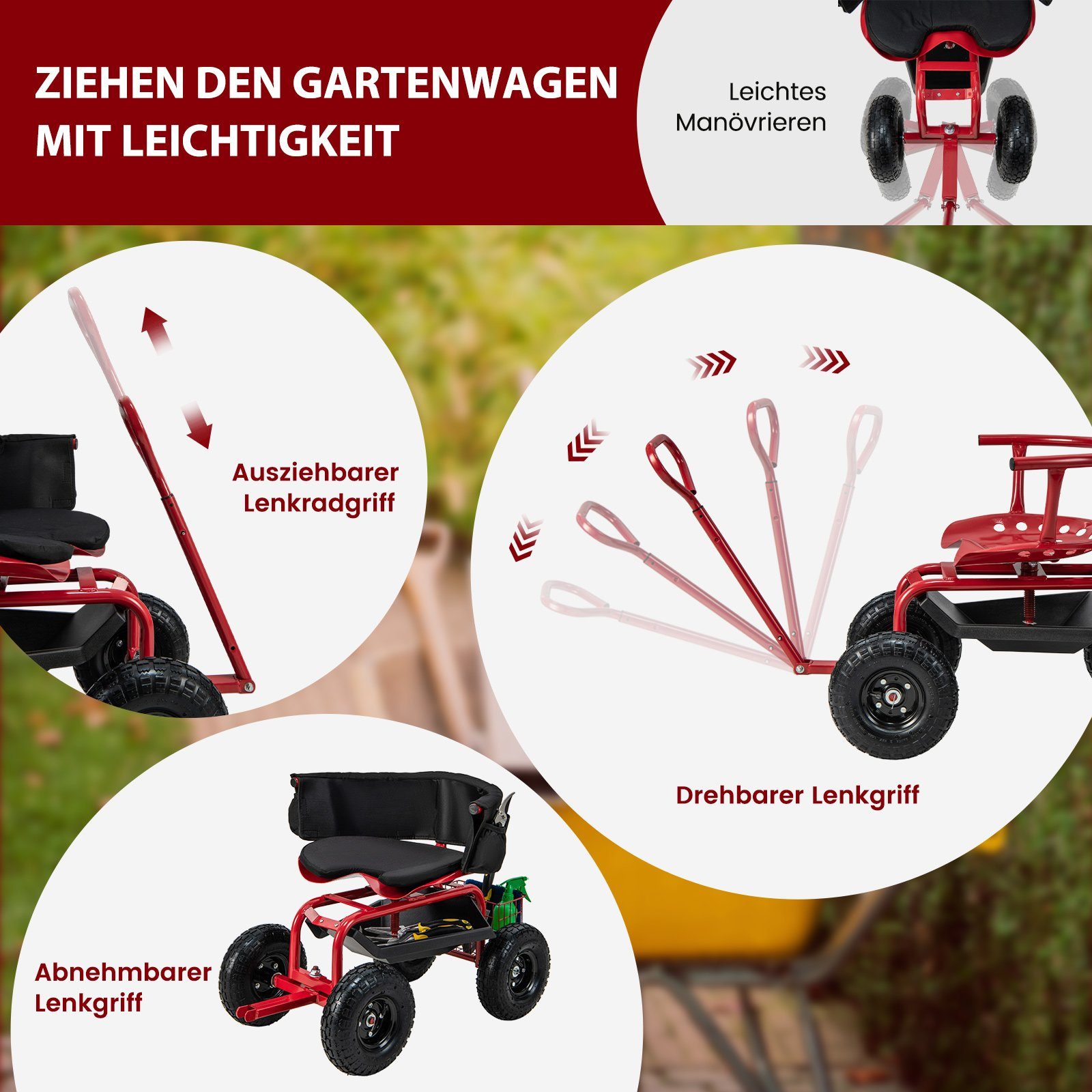COSTWAY Rollsitz, mit Ablage, Korb, Werkzeugtasche & Sitzkissen, bis 135kg