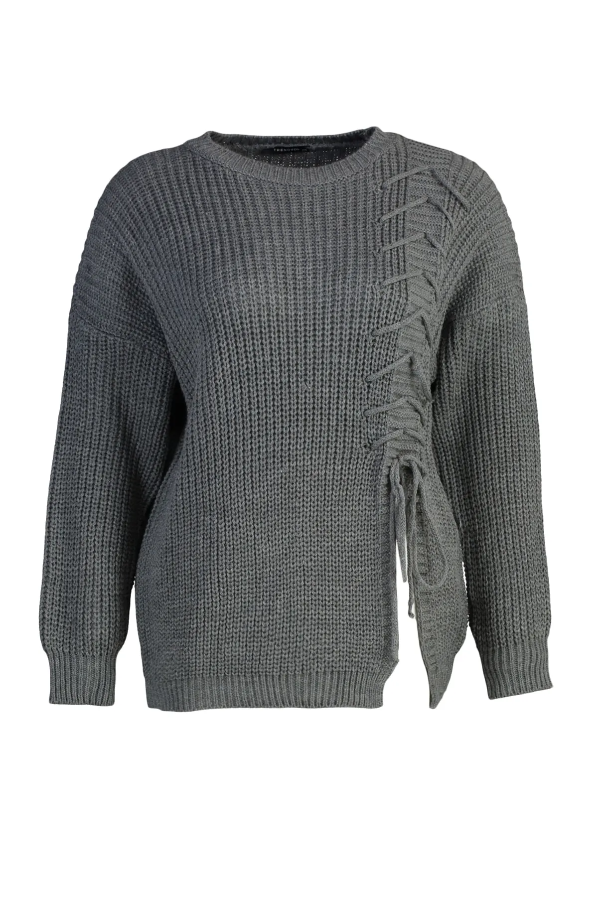 Trendyol Curve  Anthrazitfarbener Strickpullover mit Kreuzspitze und detailliertem Detail