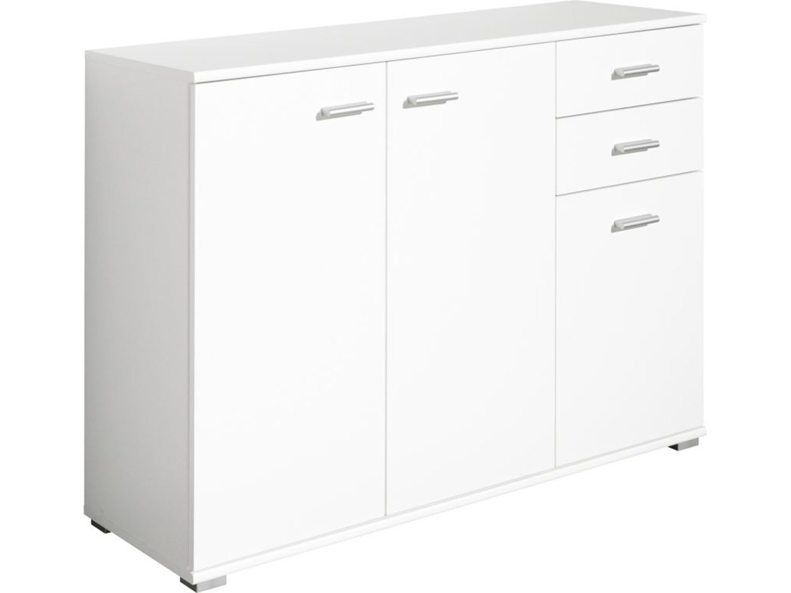 möbelando Sideboard Uwe, mit 3 Drehtüren, 2 Schubkästen und einen Fachboden. Breite 107 cm, Höhe 74 cm, Tiefe 34 cm