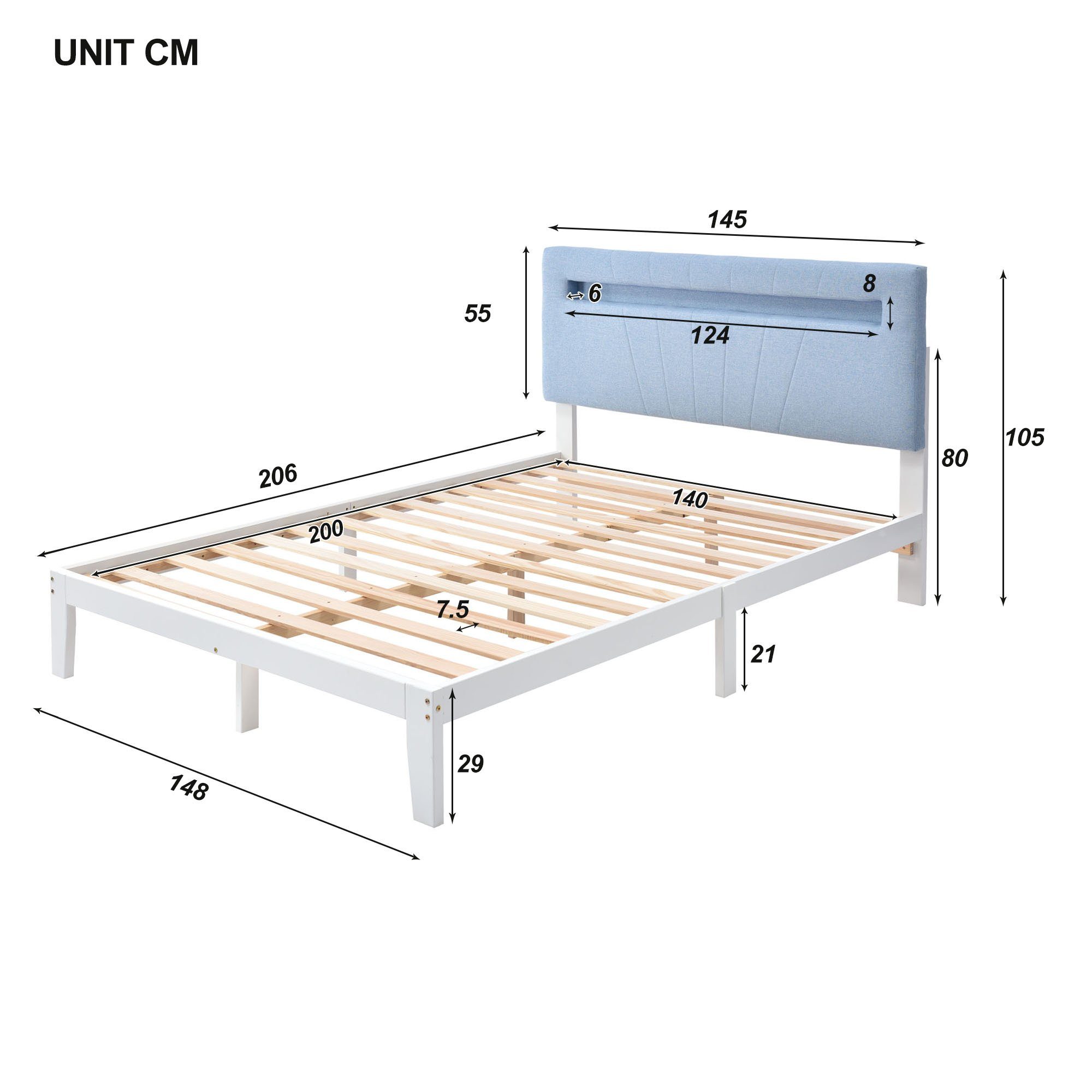 KLAM HOME Massivholzbett 140x200 Massivholzbett mit gepolstertes Kopfteil und Lattenrost (Set, Holzbett aus Kiefer mit LED-Leuchte), Einzelbett Doppelbett Bettrahmen, für Schlafzimmer und Jugendzimmer