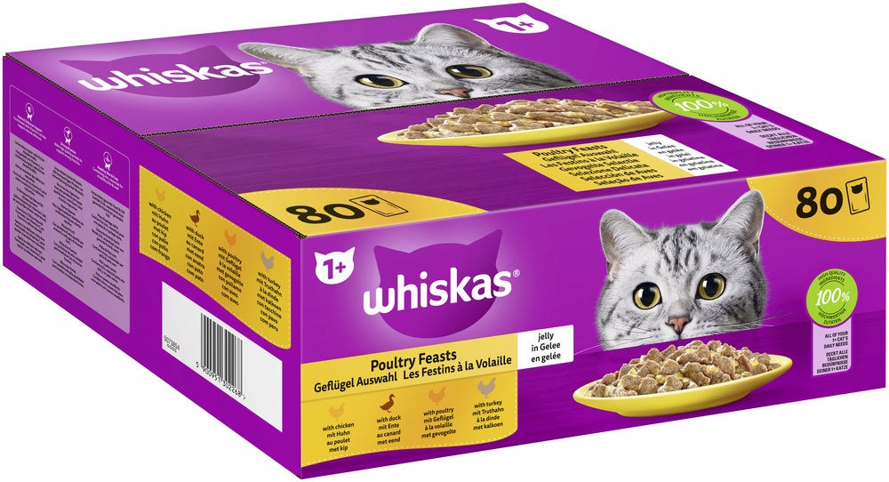 Whiskas Portionsbeutel Multipack 1  Geflügel Auswahl in Gelee 80 x 85g