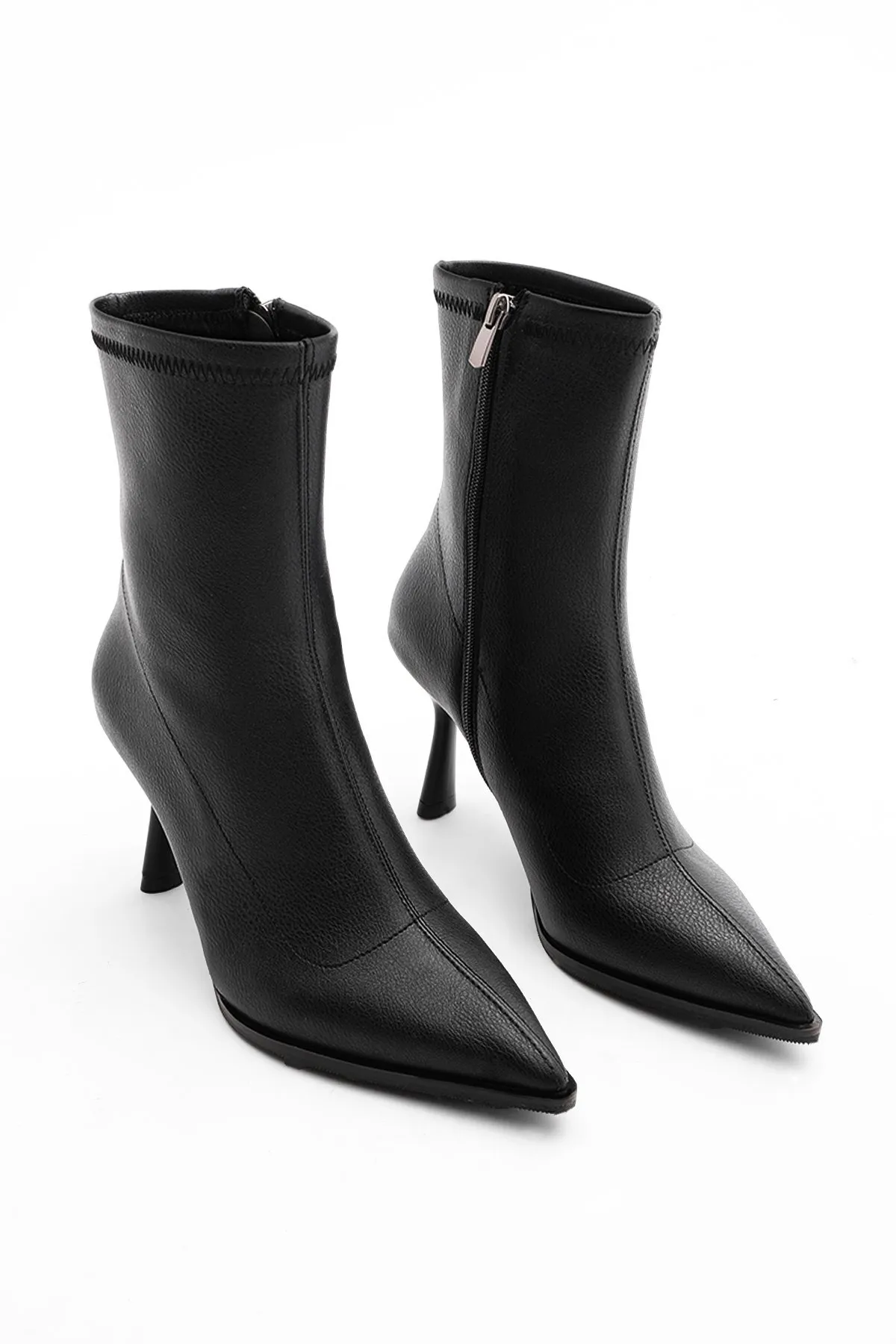 Marjin  Damenstiefel mit Absatz, spitze Zehenpartie, Kelchabsatz, tägliche klassische Stiefel, Löcher, Schwarz