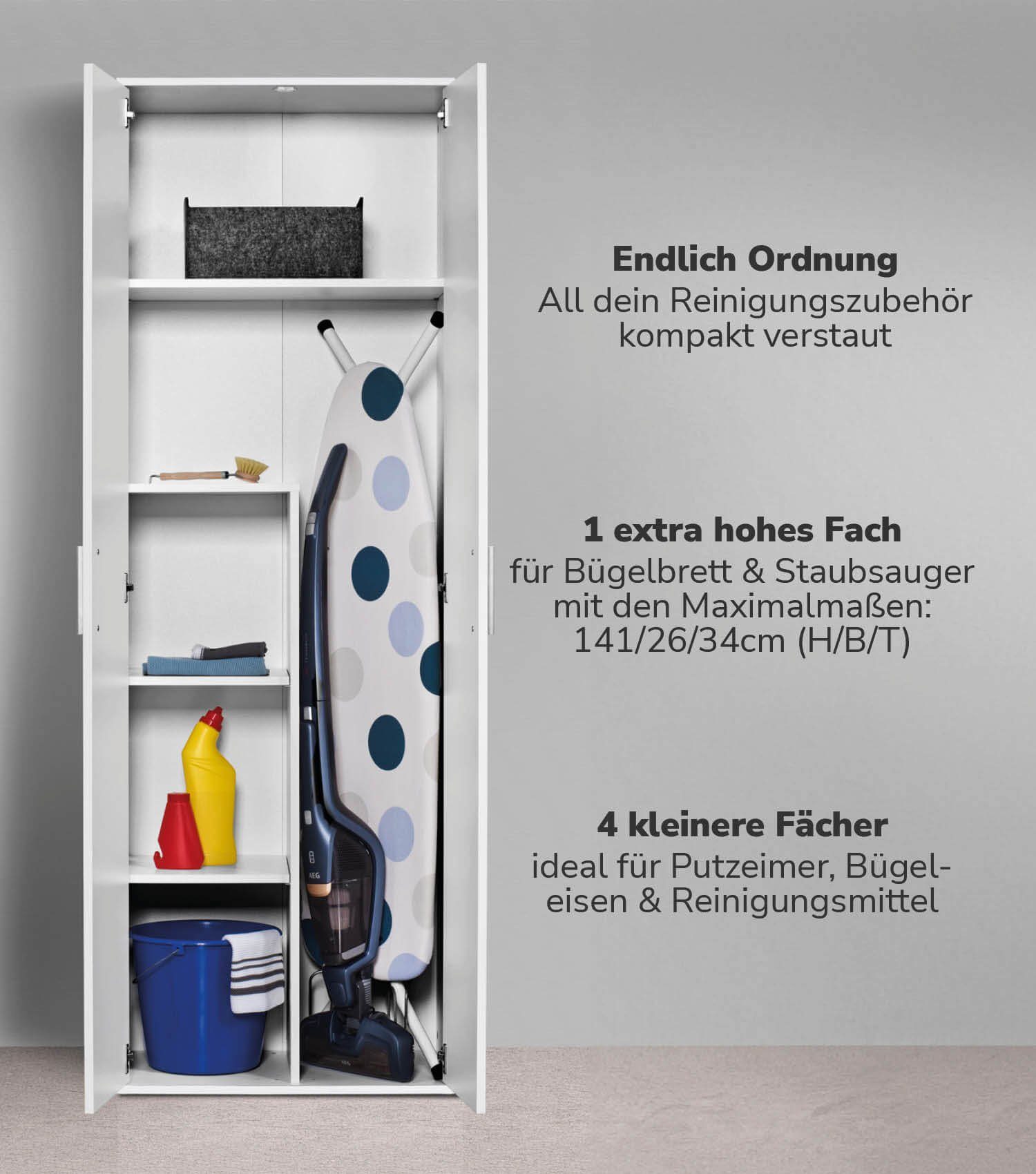 mokebo Mehrzweckschrank Der Lange (mit Staubsaugerfach) in Weiß, auch als Aktenschrank, Garderobenschrank oder Schuhschrank