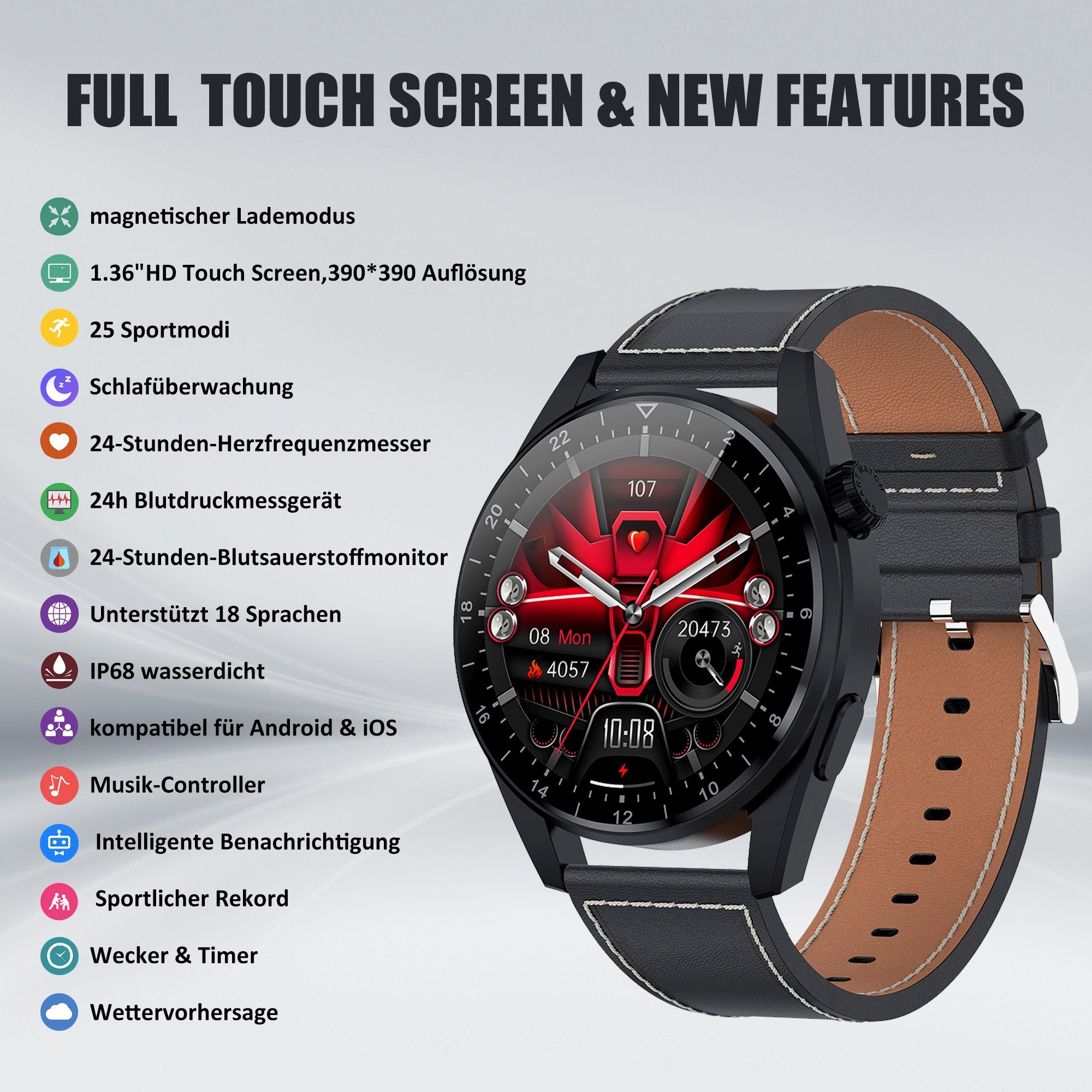 Tisoutec Smartwatch Damen Herren Smartwatch (Fitnessuhr mit Telefonfunktion/WhatsApp Notiz,Smartwatch Fitness Tracker Uhr IP68 Wasserdicht,1.36