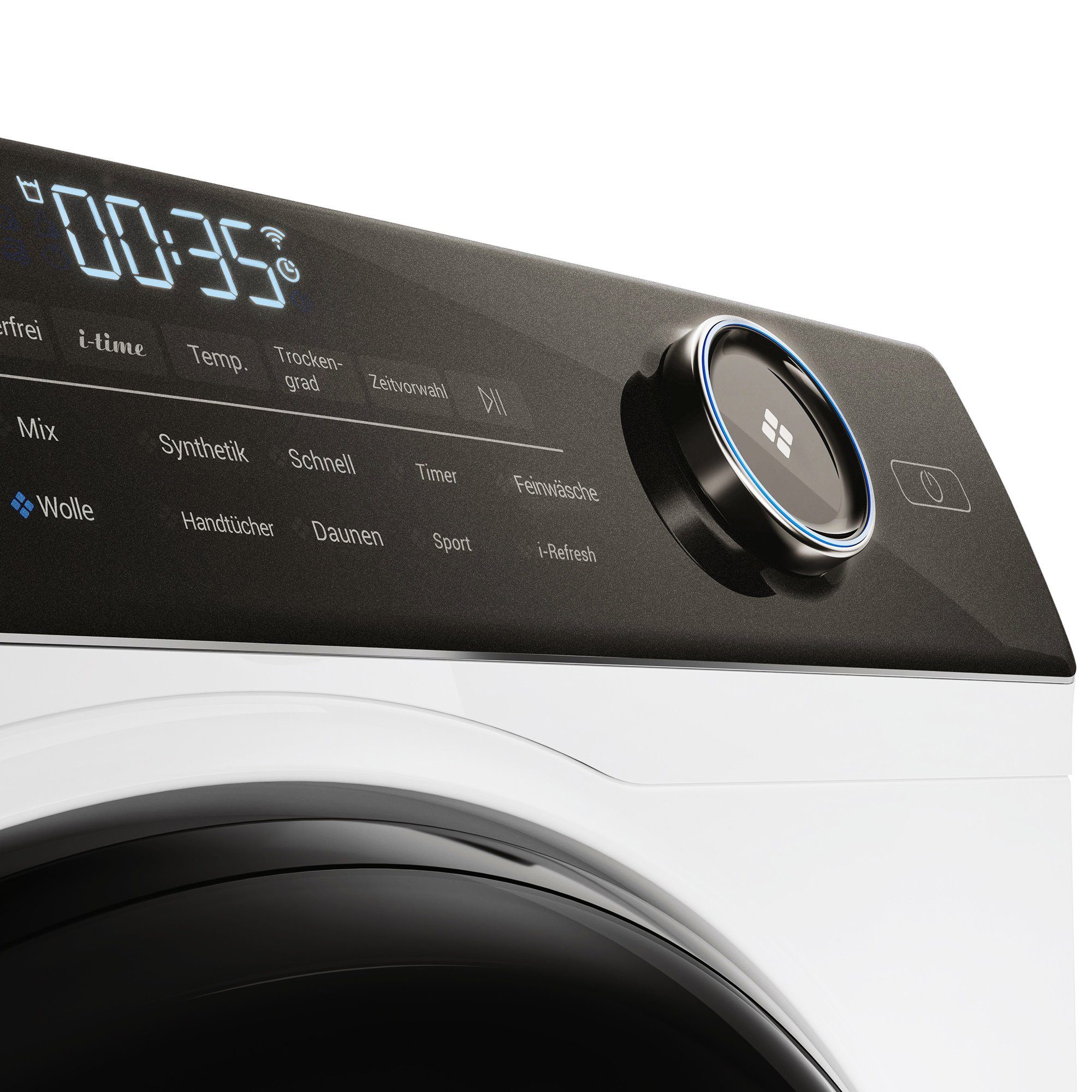 Haier Wärmepumpentrockner weiss HD90-A3TEAM5, 9 kg, Smart hOn App mit künstlicher Intelligenz, Ablaufschlauch