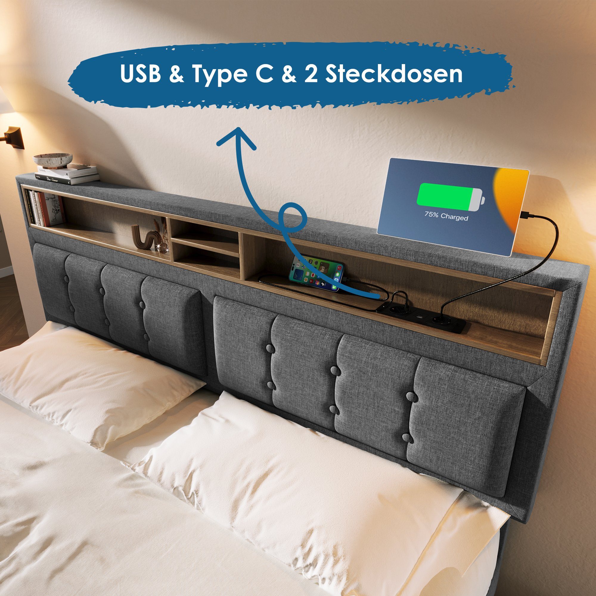 REDOM Polsterbett Doppelbett (mit USB/Typ-C Ladefunktion + 4 Schubladen 140x200cm Leinen), Inklusive Matratze