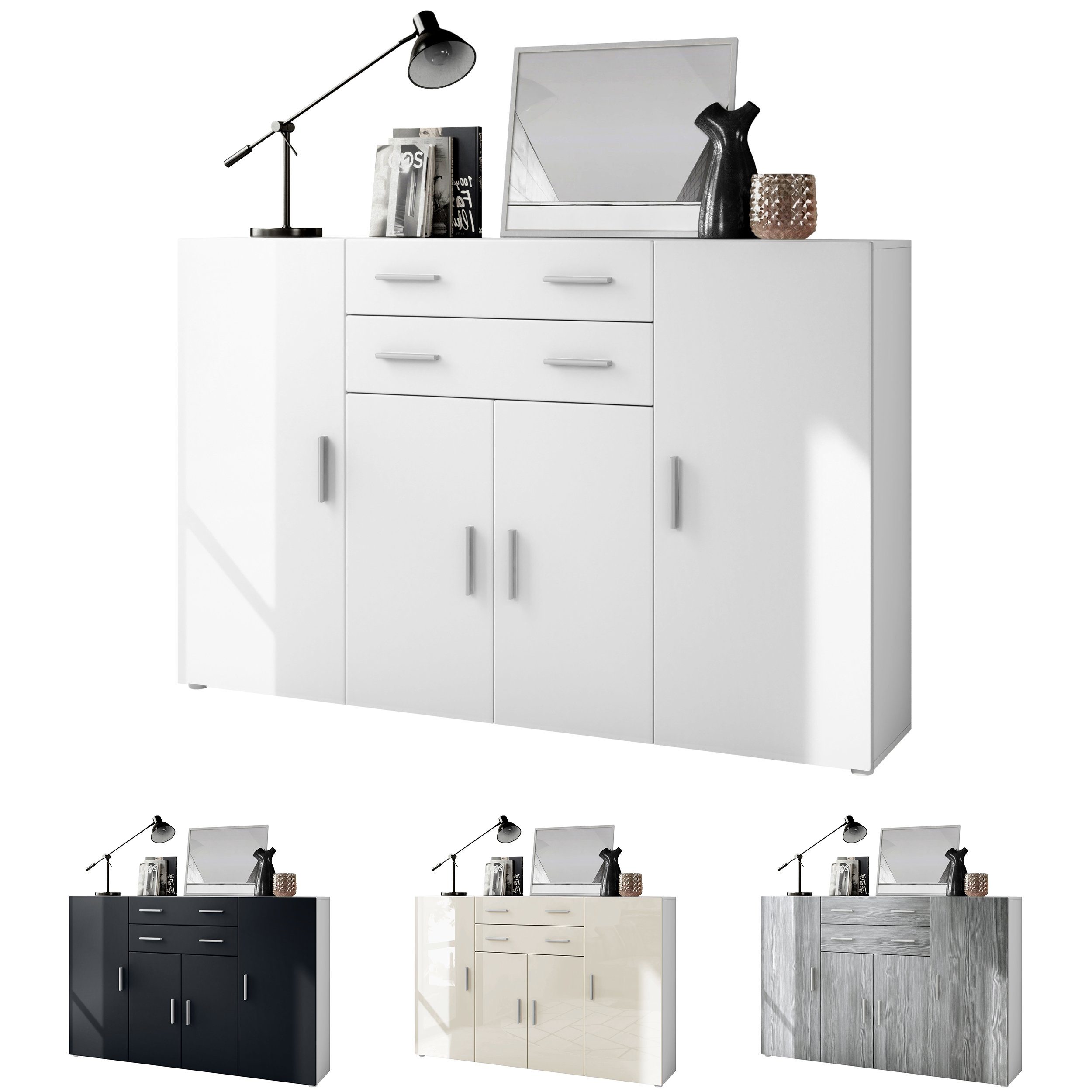 Vladon Highboard Aron (Anrichte, mit 4 Türen und 2 Schubladen), Weiß matt (166,5 x 106,5 x 35 cm)