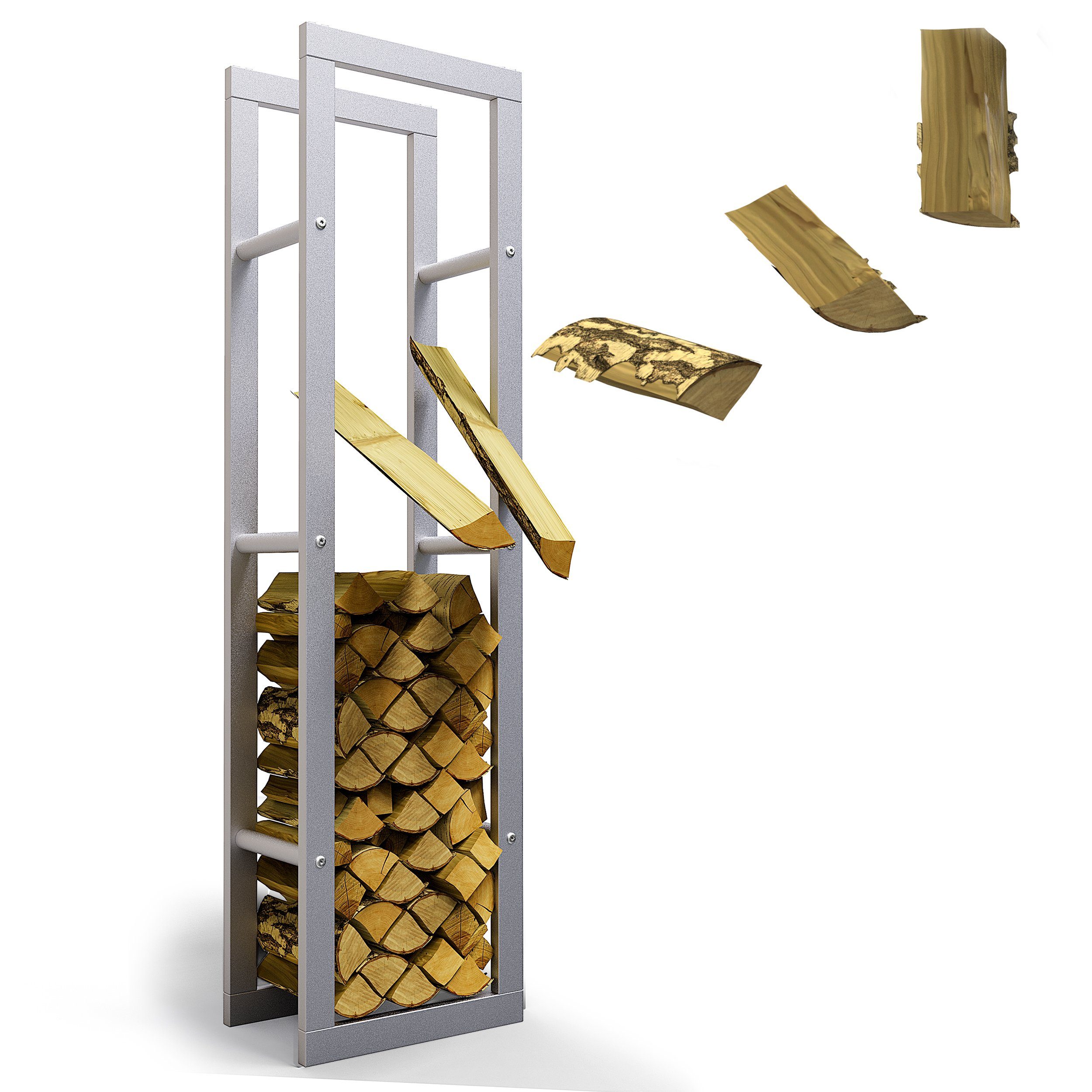 LAWA Living and Lifestyle Kaminholzregal Metall Feuerholzregal innen Kaminholzhalter Stapelhilfe Brennholz, BxTxH:40x25x150 cm, verzinkt / galvanisiert, pulverbeschichtet, stehend, liegend, SILBER