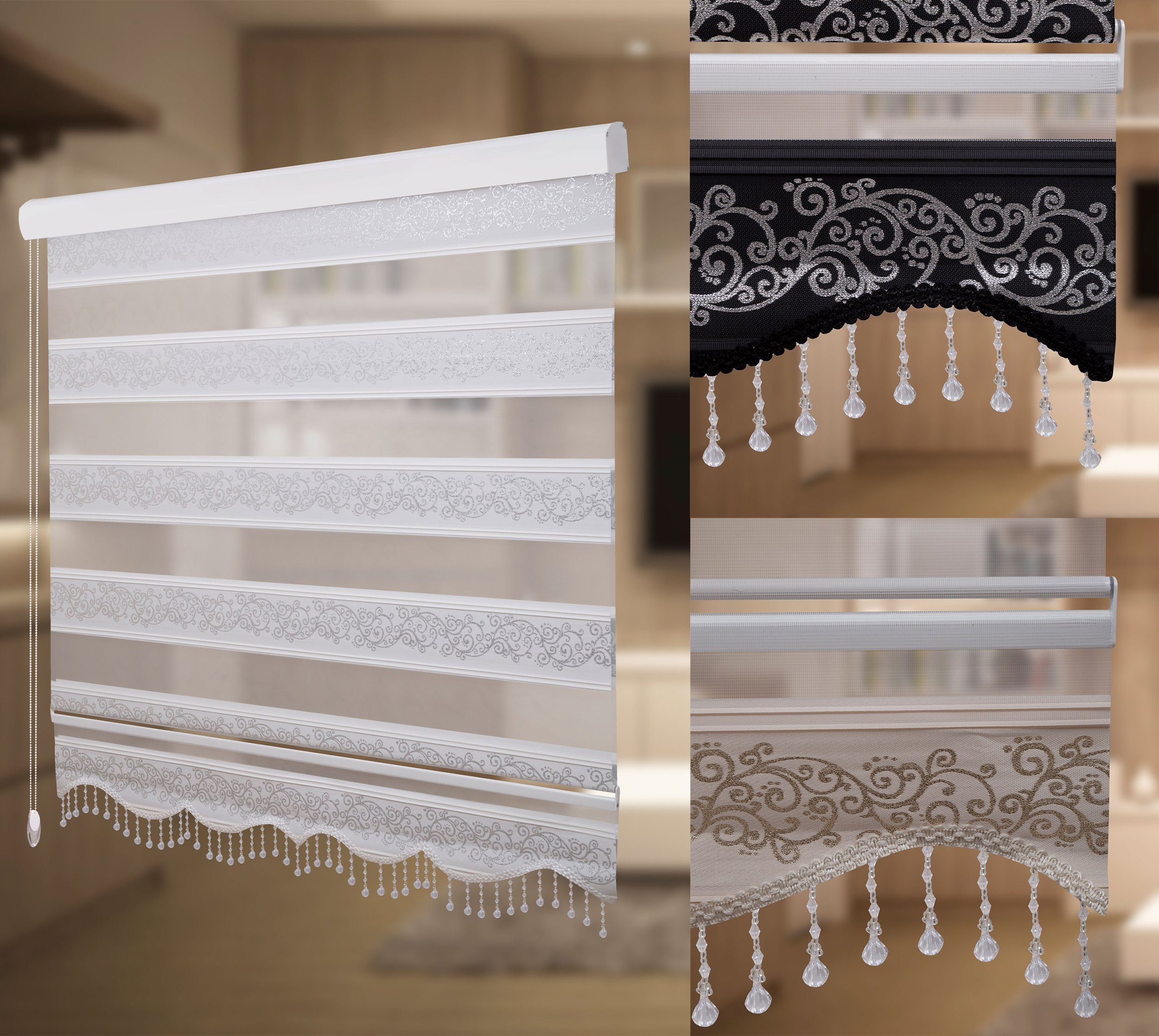 Doppelrollo Doppelrollo Duorollo mit Kassette Rankenmuster und Perlen Höhe: 200 cm, Plisseeonline, blickdicht, Deckenmontage, Freihängend, Deckenmontage mit Clips, Mit Motiv und Alu Kassette in Weiß Gold Schwarz