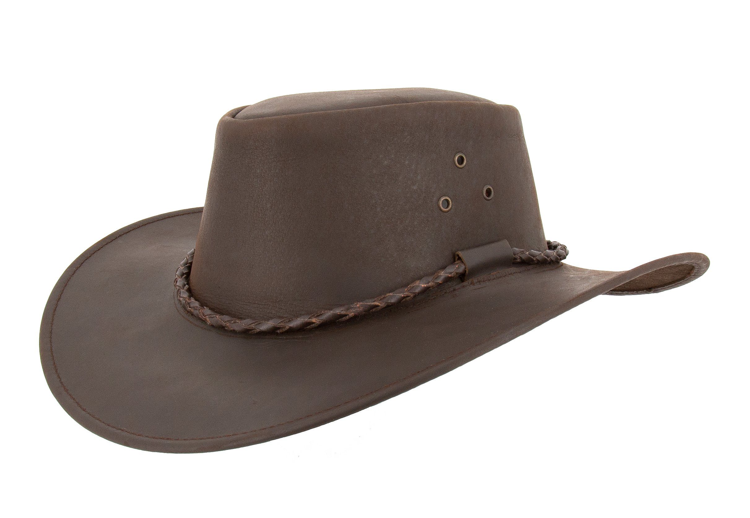Outbacker Cowboyhut Outdoor Lederhut allwettertauglich mit Kinnband Australien Style Braun