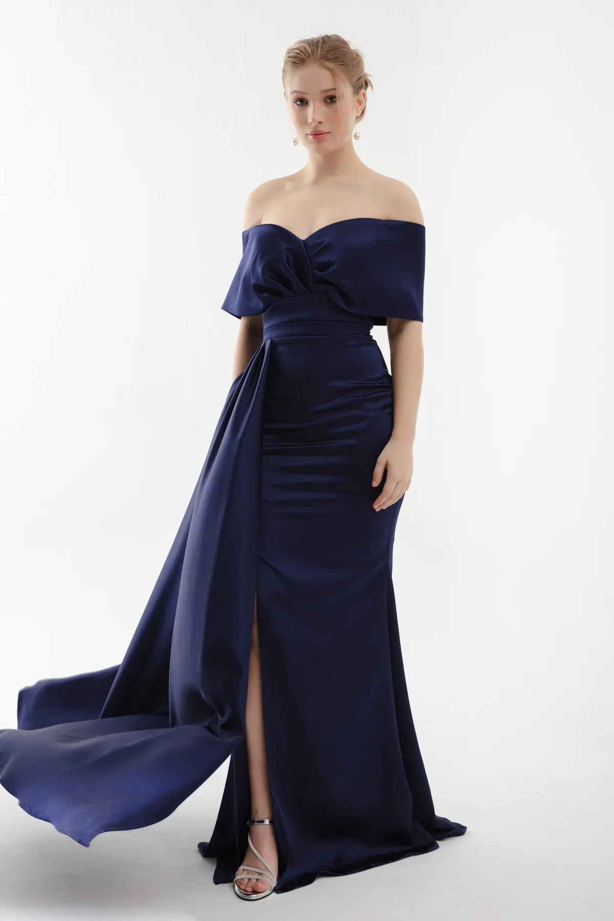Lafaba  Marineblaues, langes Abendkleid mit U-Boot-Ausschnitt und Schlitz für Damen