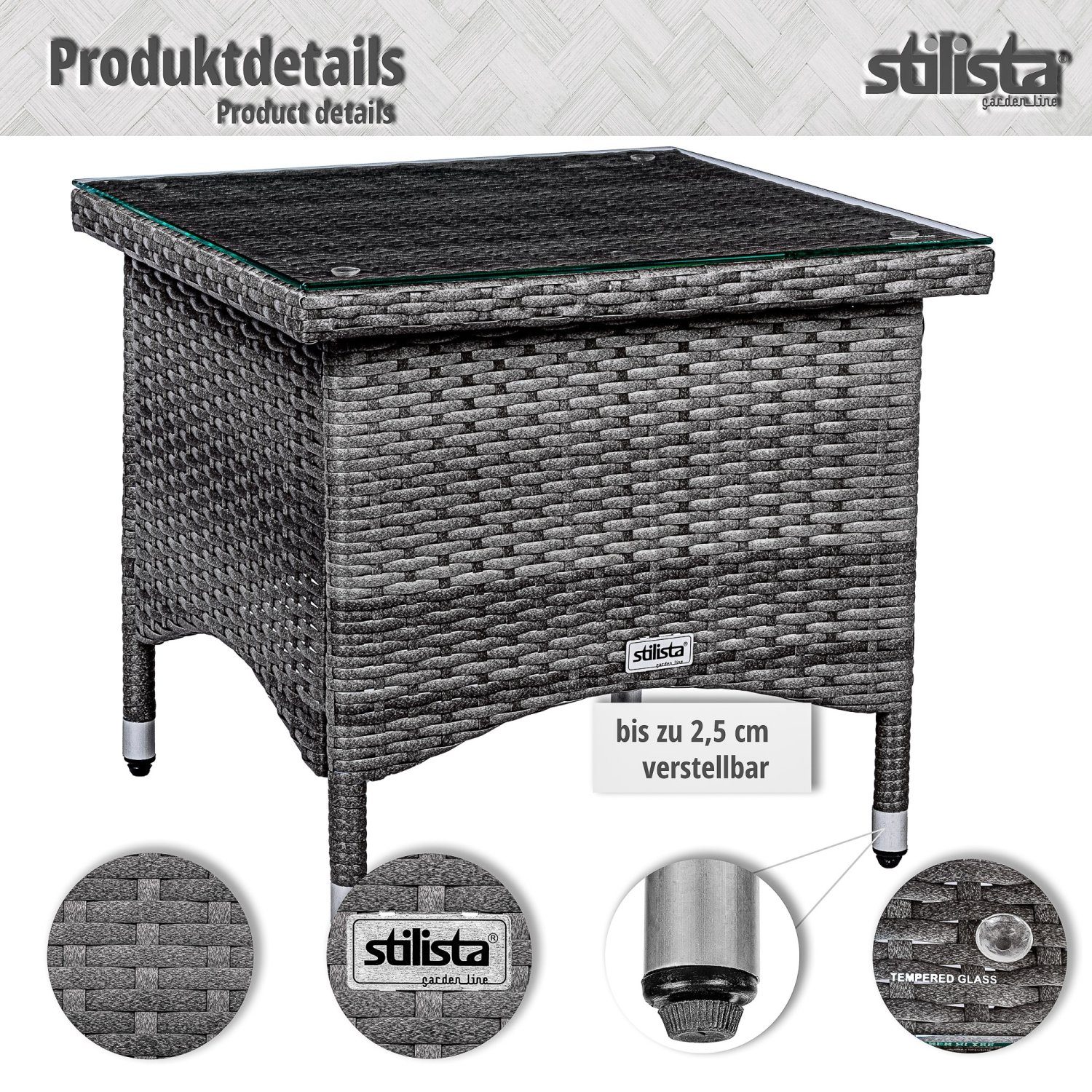 STILISTA Beistelltisch Gartentisch Balkontisch Loungetisch Kaffeetisch, Eckig, Glas Tischplatte, Polyrattan, Modell- und Farbwahl
