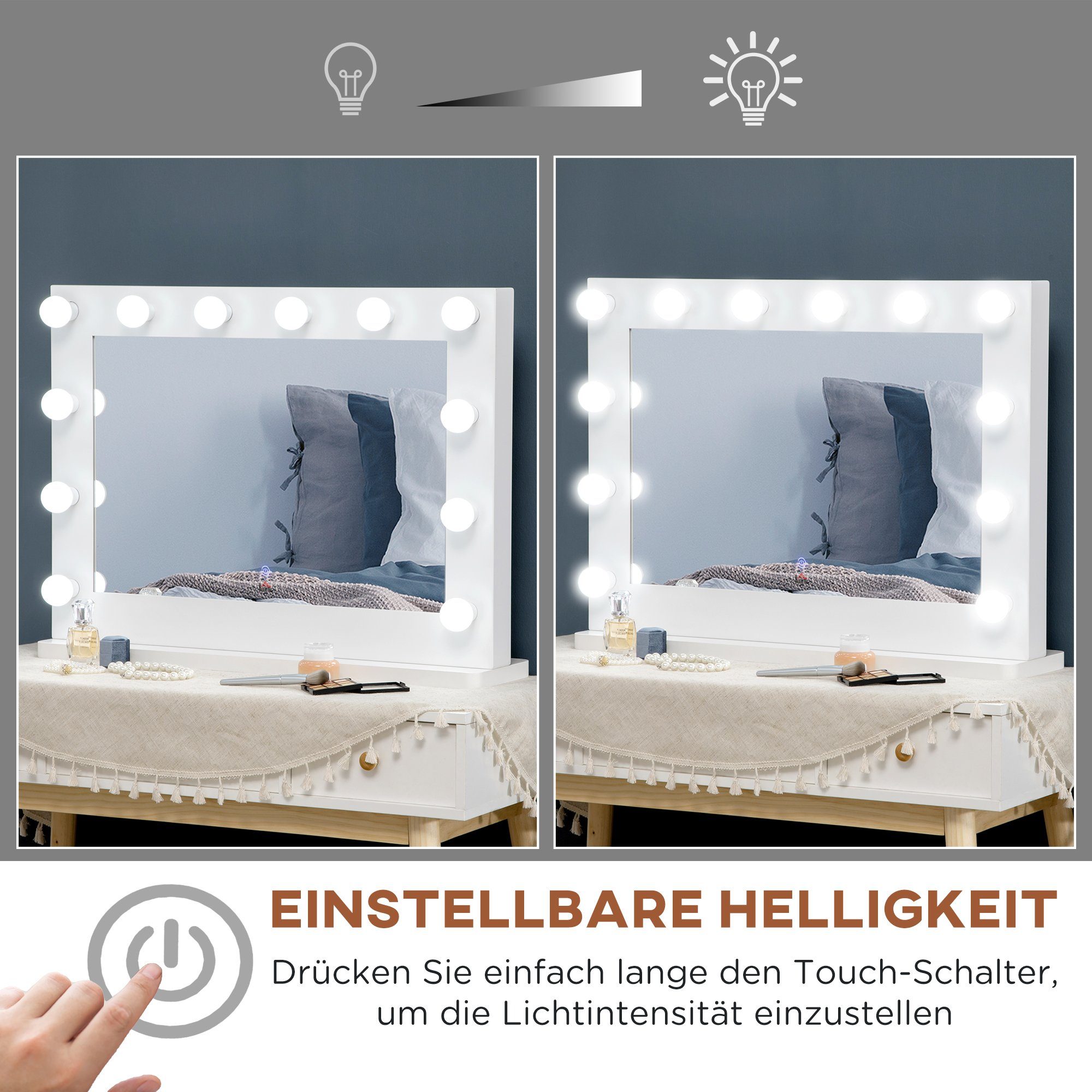 HOMCOM Spiegel Kosmetikspiegel mit 12 Dimmbare LED Lampen (Schminkspiegel, 1-St., Hollywood Spiegel), 80 x 60 cm